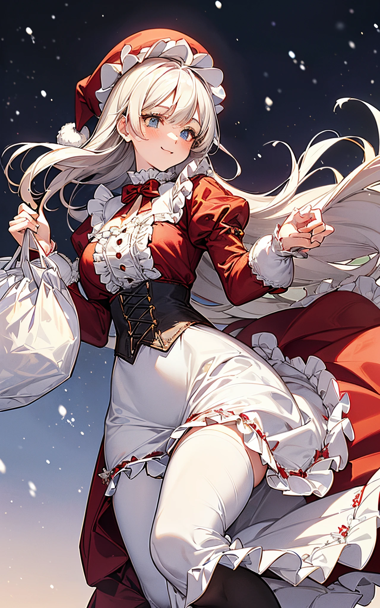 a closeup、One lady、The theme is white、Clothes are white、Perfect human body、christmas night、(((He wore a Santa suit decorated with lots of frills.、victorian santa outfit)))、
((opening a gift bag)))、A slight smil、 (((long skirt)))、hair adornments、kirakira、Black tights、Falling snow、large hat