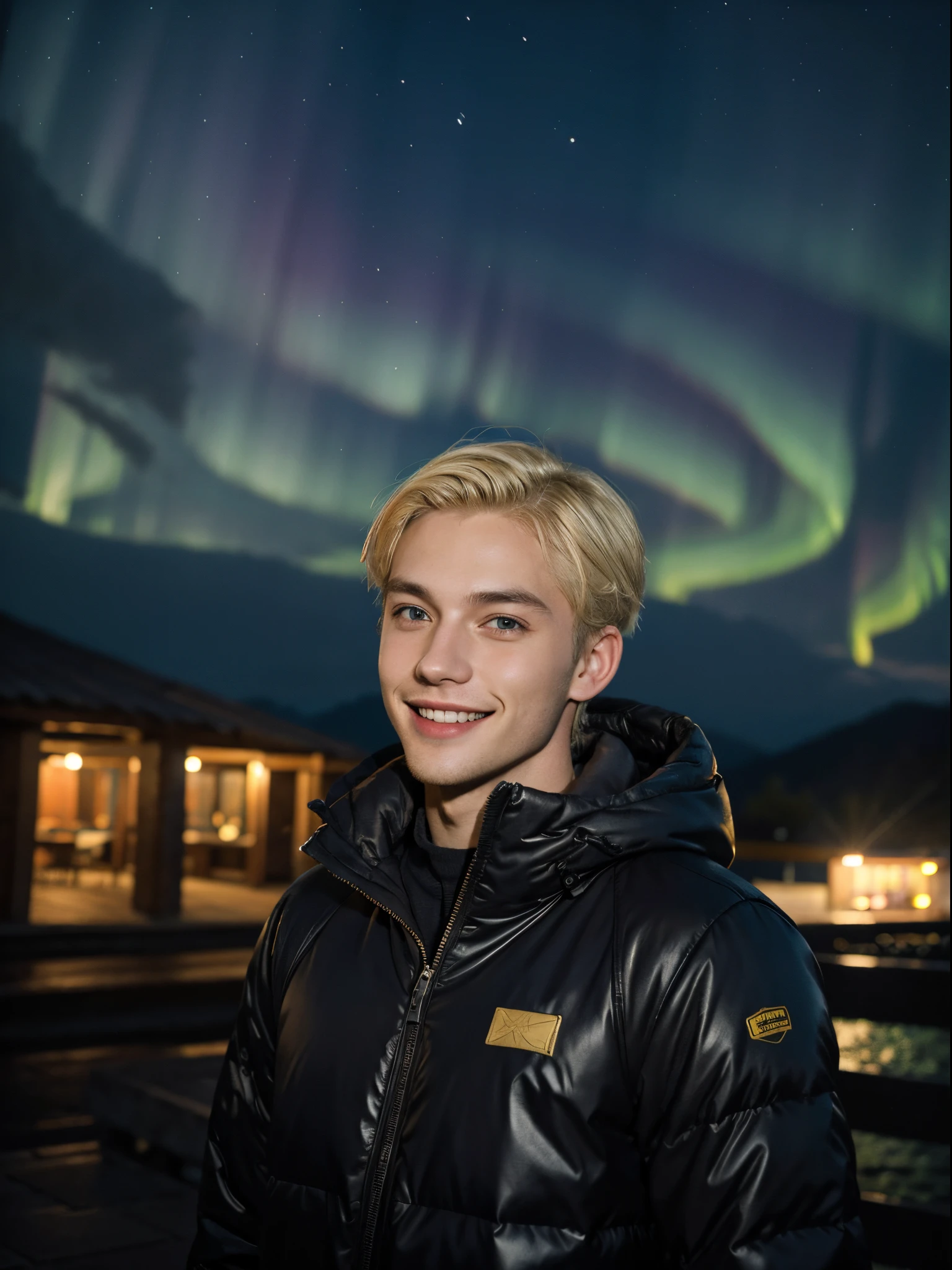 1 european man, 25 years old, blonde hair, short hair, aurora, look at the camera, traveler, explorer, outdoor, smiling,  happy, in the dark, night, dark scene, low key