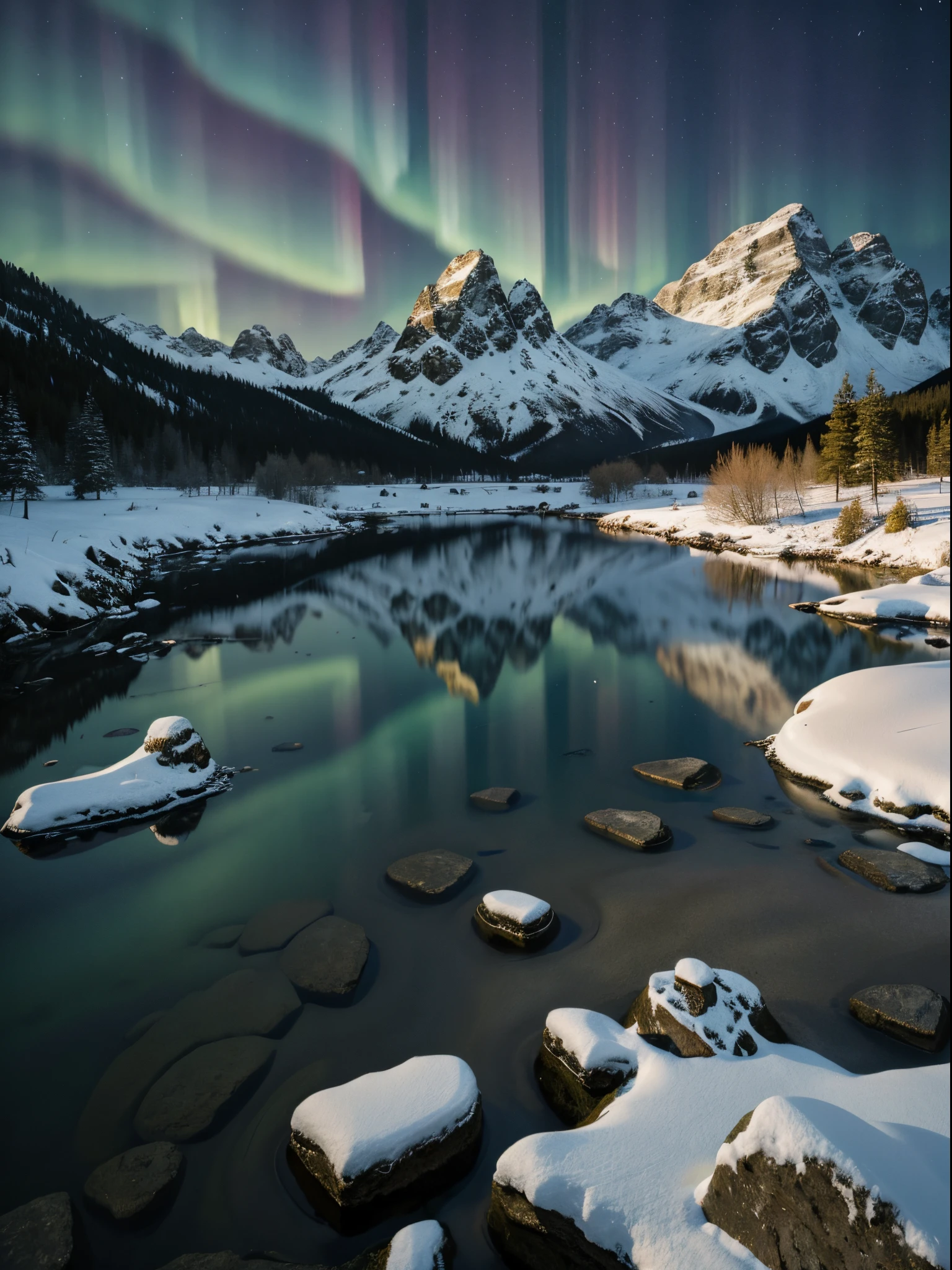 landscape, mountain and lake, (rocks: 1.3), detailed texture, winter, star, aurora, outdoor, in the dark, night, dark scene, low key