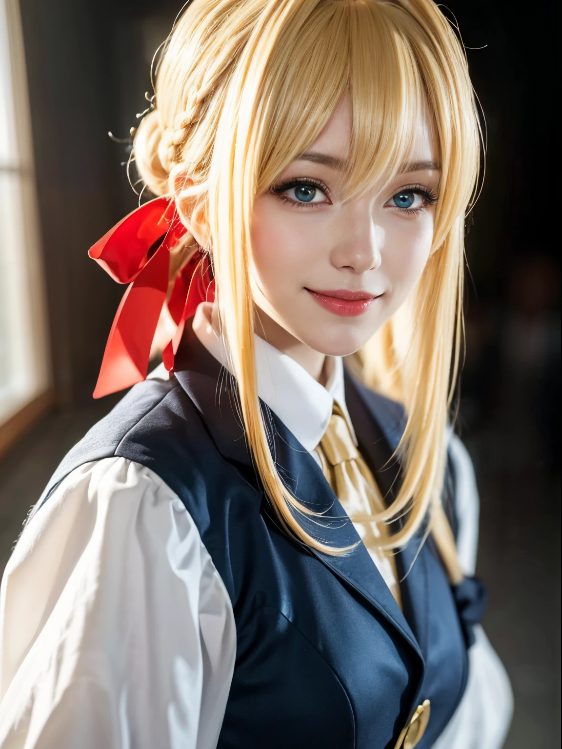 Violet_Evergarden, Blue_Eyes, Best Quality, 超A high resolution, (photo realistic1.4), 1girl in, (Blonde long hair:1.3)Smiling,a smile,long-one-piece dress, Hair braid, Red Ribbon, Green Gem Necrace, ((Puffy eyes)), ((Upper body)), (((Looking at Viewer))), ((gros-plan)),