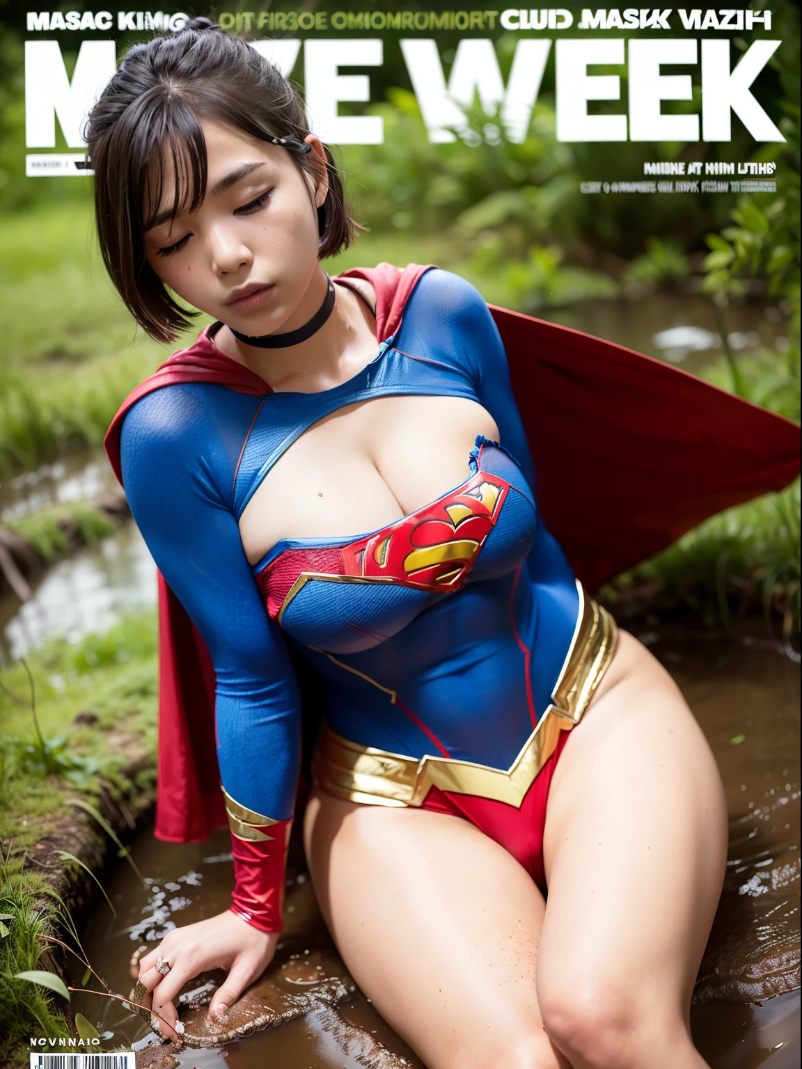 top-quality、masterpiece、Short-haired Supergirl sleeping in a swamp、large full breasts、a choker、Looking at the camera、Enamel costume、Crotch、wounded、Mud stains、The whole body is covered in mud、Exhausted、Weekly magazine cover、masturbation、cum on、a miniskirt、sexy pose