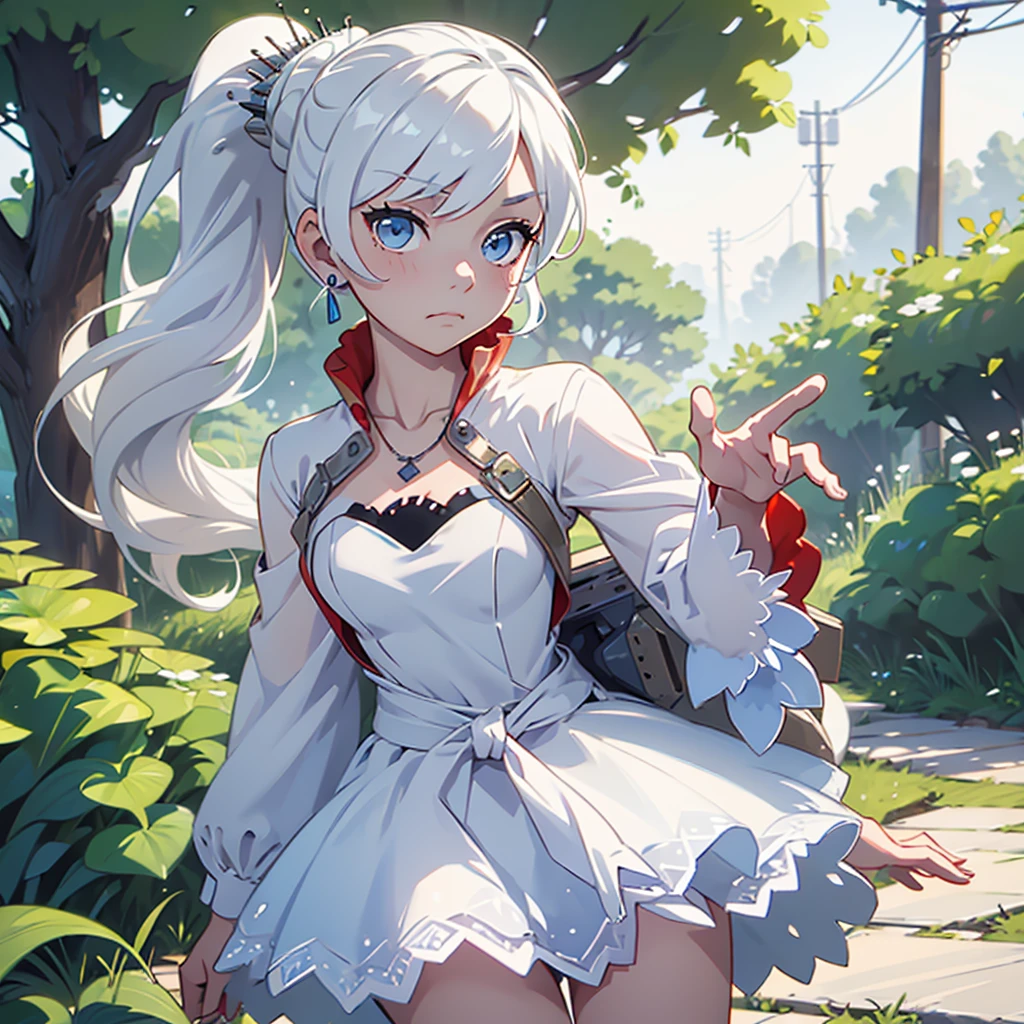 (masterpiece, best quality:1.2), cowboy shot, solo, 1girl, weissvale, expressionless, closed mouth, looking at viewer, long white hair, side ponytail, white dress, jewelry, necklace, earrings, country lane