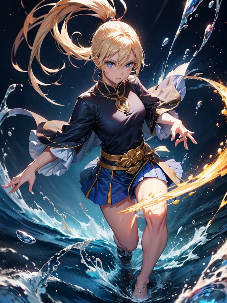 pony tail, light blonde hair, sapphire blue eyes, sapphire gem necklace, long legs, exposed legs, red, cape, holding golden spear, wushu stance in midair, water spell, glowing water particles, riverside background