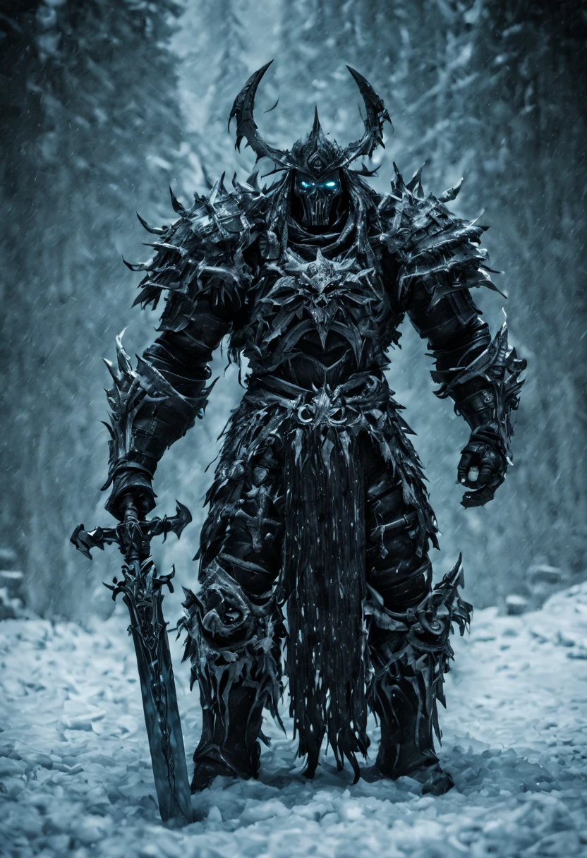 frozen black armor, wraith king, muscular build, malice, cold, rigid armor, rime, greatsword, death, high winds, blizzard, castle entrance, pitch black armor, masterpiece, best quality, ultra high quality, magic, blackest armor, undead, zombie, wraith, death aura, frozen hell, battlefield, battleground, fighting, death