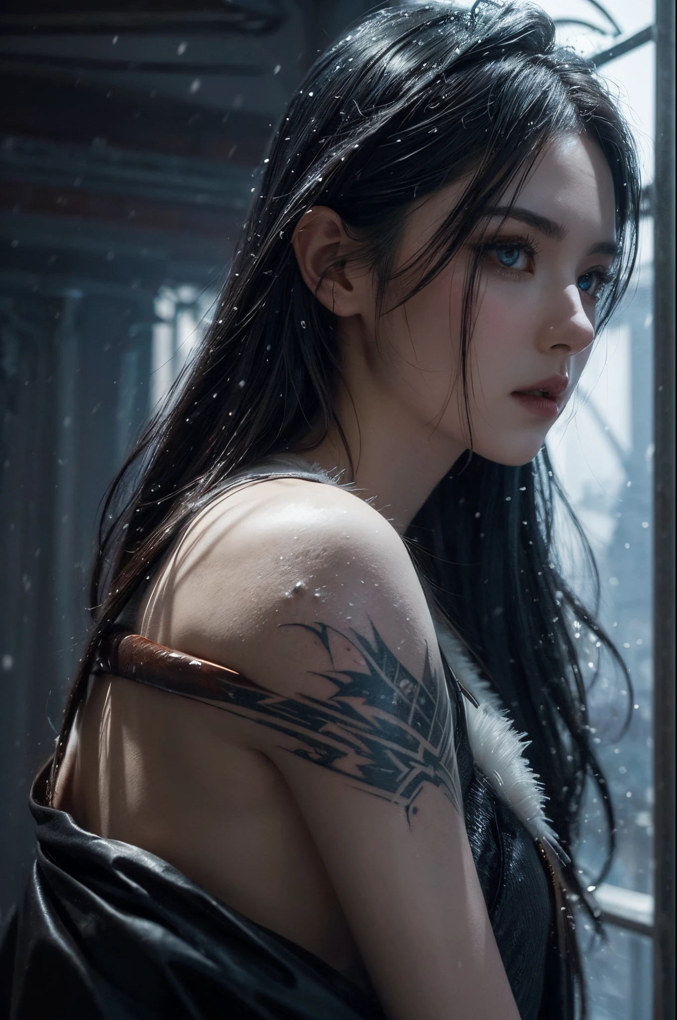 (snowstorm, dissolve:1.3), greg rutkowski style, many details, symmetric, dark fantasy, dark botanical, intricate, tattoo, imaginative, highly detailed