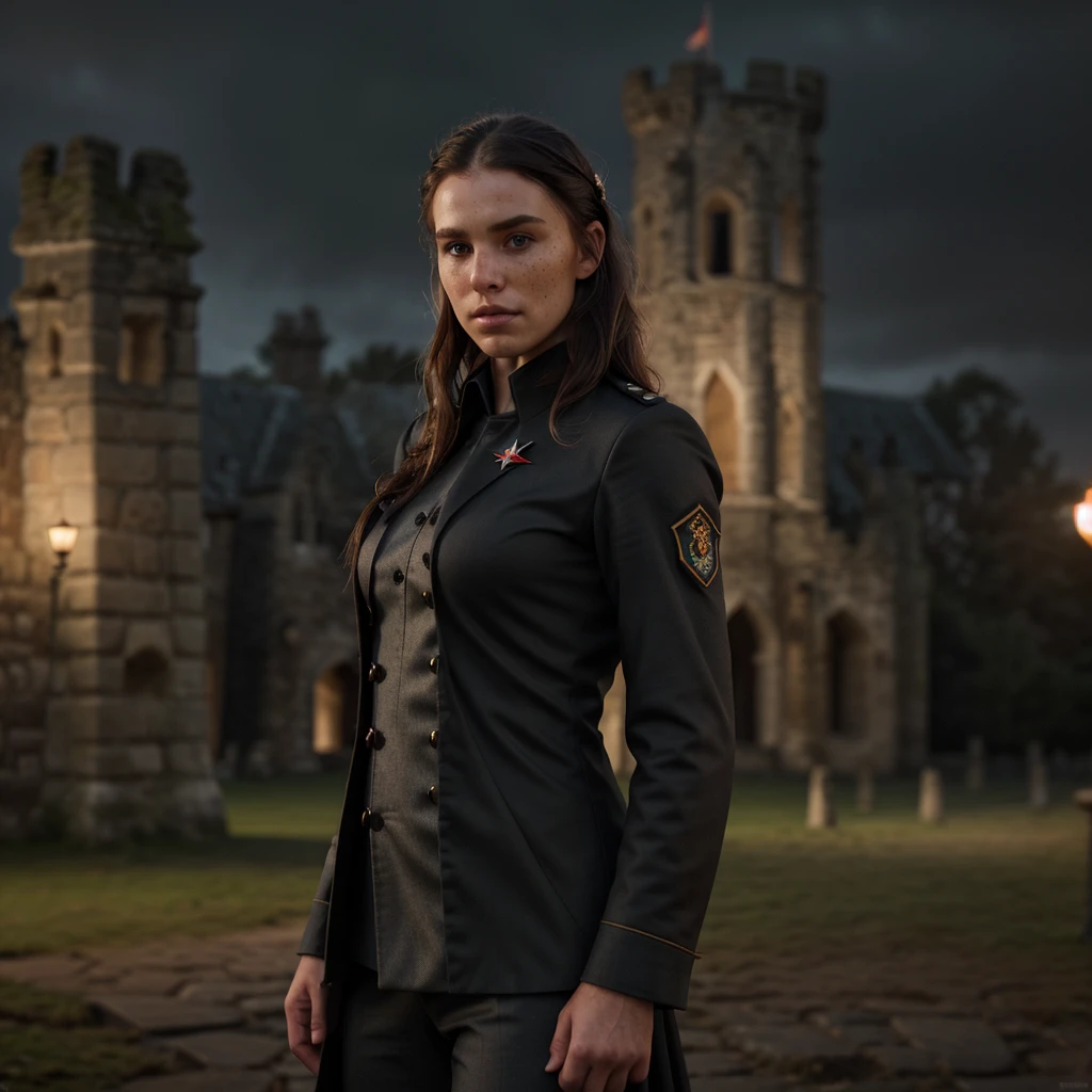 octane render of wedns, wedns hair,wedns uniform,standing in front of an ancient castle,dark,gloomy,bokeh,masterpiece,soft lighting ,freckles,sharp