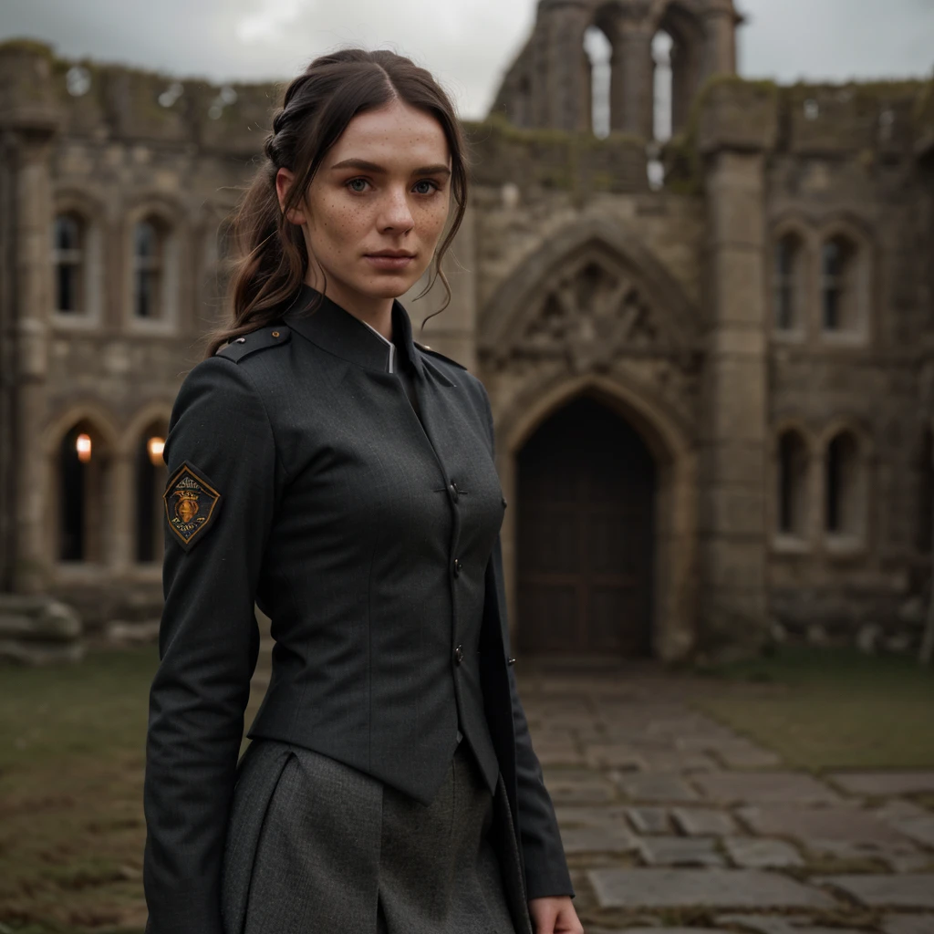 octane render of wedns, wedns hair,wedns uniform,standing in front of an ancient castle,dark,gloomy,bokeh,masterpiece,soft lighting ,freckles,sharp