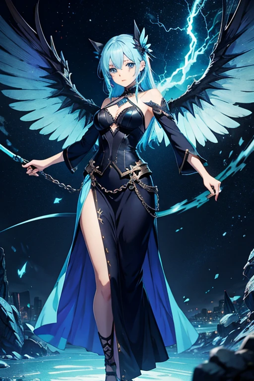 anime girl, blue lightning, fantasy, wings, pg, goth, long dress