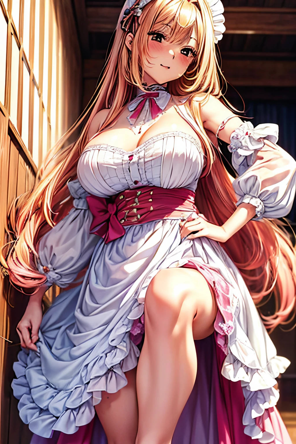 (Best quality at best,8K,A high resolution,tmasterpiece:1.2),Digital artwork,A girl，18 years old，beautiful dyed golden hair, straight hair，pink hair end，kitagawa marin，With a teasing expression, middle-sized boobs,Details from head to toe, sophisticated maid outfit