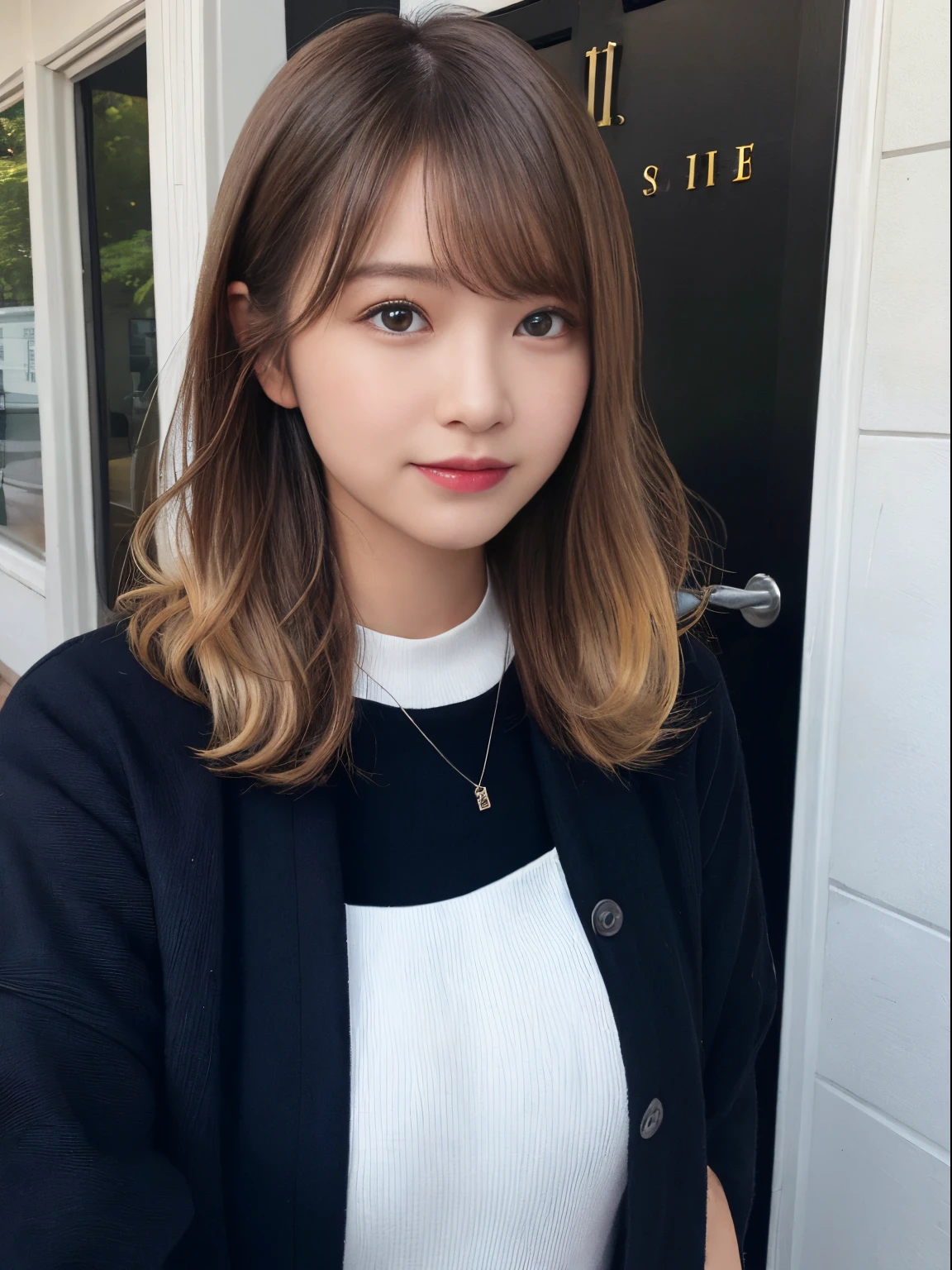 masutepiece, Best Quality, Illustration, Ultra-detailed, finely detail, hight resolution, 8K Wallpaper, Perfect dynamic composition, Beautiful detailed eyes, Medium Hair, Natural Color Lip, Random Poses,Smile,30-year-old girl、Autumn clothes、Winter clothes、Simple Necklace、Winter clothes、white walls、Taken in front of the white door、(white wall room with window)、dye the inside of your hair yellow、Inner hair color、unusual hair color、((Face-framing highlights))、face framing hair color、(The outer part of the hair is dark brown and some parts of the hair are yellow.)、((Highlight Hair Color))、((woman with mesh in her hair))