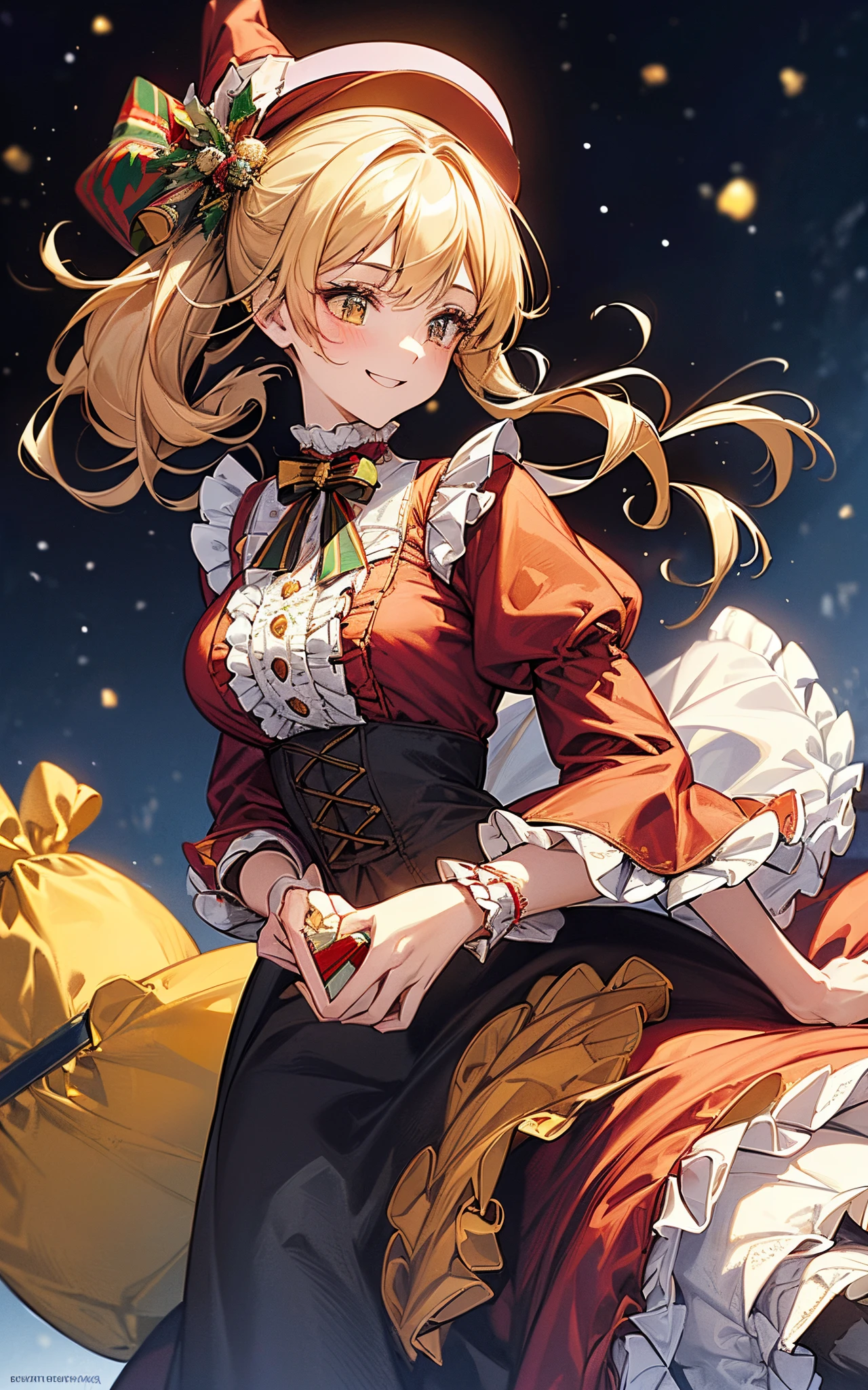 a closeup、One lady、The theme is yellow、clothes are yellow、Boldly smile、Perfect human body、christmas night、(((He wore a Santa suit decorated with lots of frills.、victorian santa outfit)))、
((opening a gift bag)))、 (((long skirt)))、hair adornments、kirakira、Black tights、Falling snow、large hat
