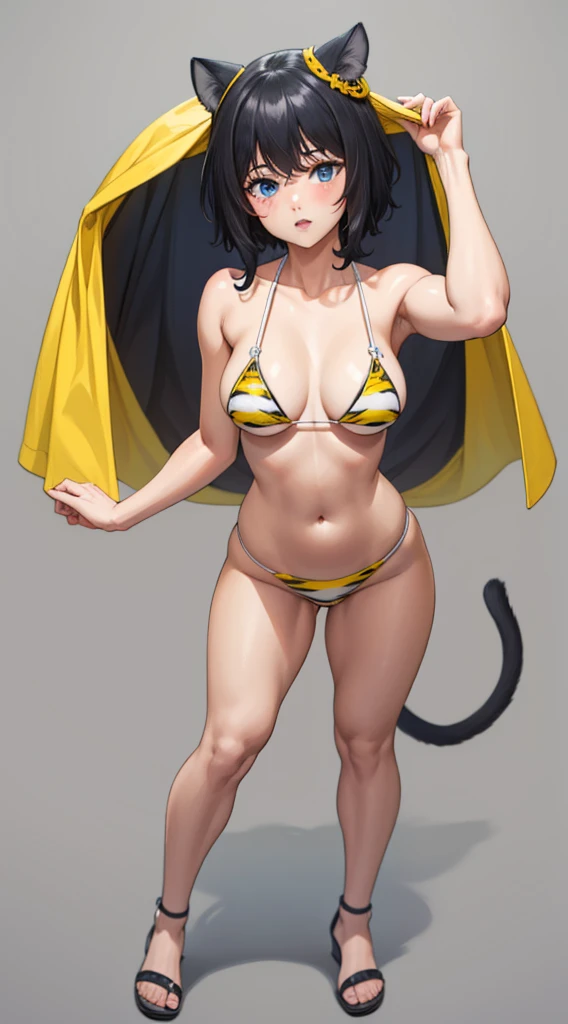 white background, full body standing on, yellow tiger bikini, 1girl, fran, long cat tail, sandals, cat ears, black hair, blue eyes, tail, hair ornament, crossed bangs, animal ear fluff, short hair, small breastantasy