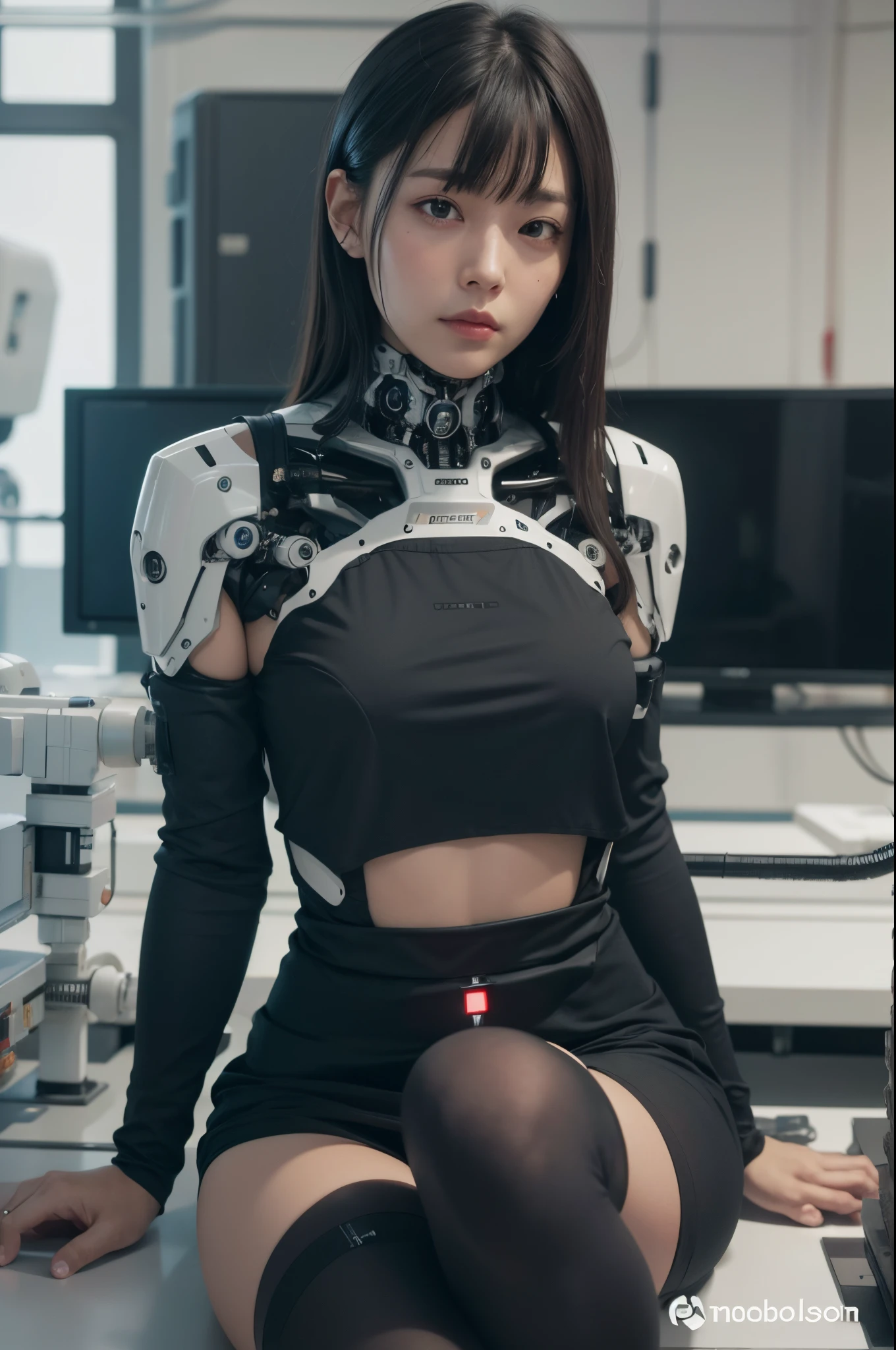 masutepiece, Best Quality, Extremely detailed, (Photorealistic:1.4), (8K, 4K, Best Quality, hight resolution, 超A high resolution:1.1), 8K portrait,1girl in, Japaese Cyborg Girl,Plump , announcer,control panels,android,Droid,Mechanical Hand, , Robot arms and legs, Black Robot Parts,Black hair,Mechanical body,Blunt bangs,White Robotics Parts,perfect robot woman,The laboratory of the future,cyberpunked,Charging spot,laboratory,Long Tube,A thick cable was connected to her neck.,ceramic body ,Mechanical body, mechanical ear covers,android,robot humanoid,loose boots,dark black tights,Miniskirt,a bit chubby,panty,full eyes,