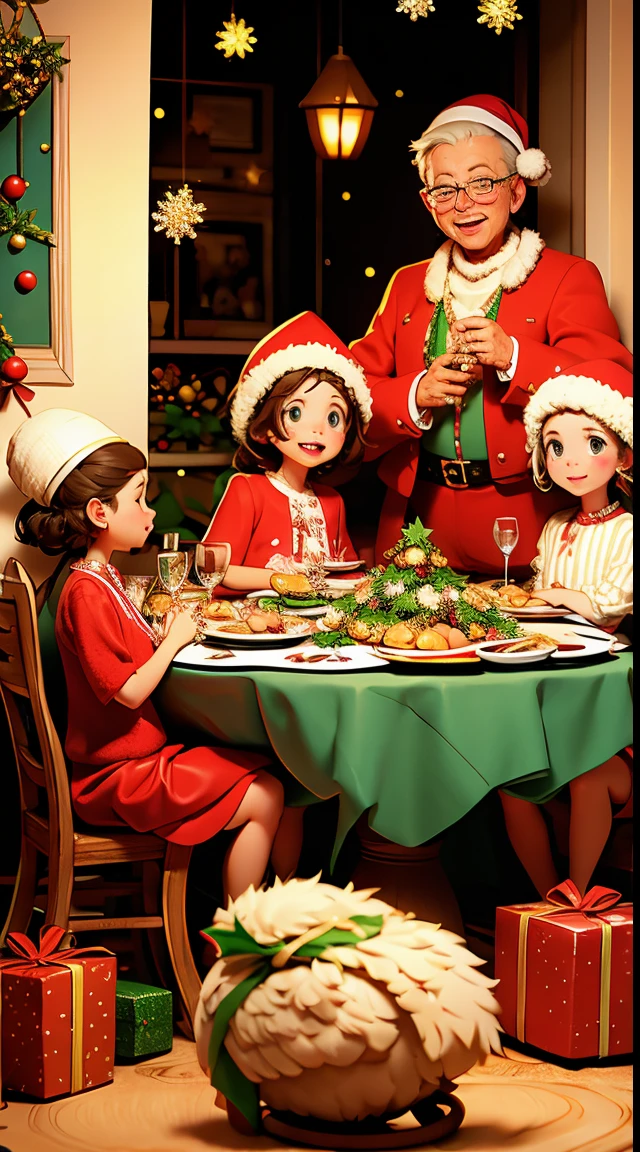 a family sat around a dinner table having Christmas dinner with all the Turkey and all the trimmings