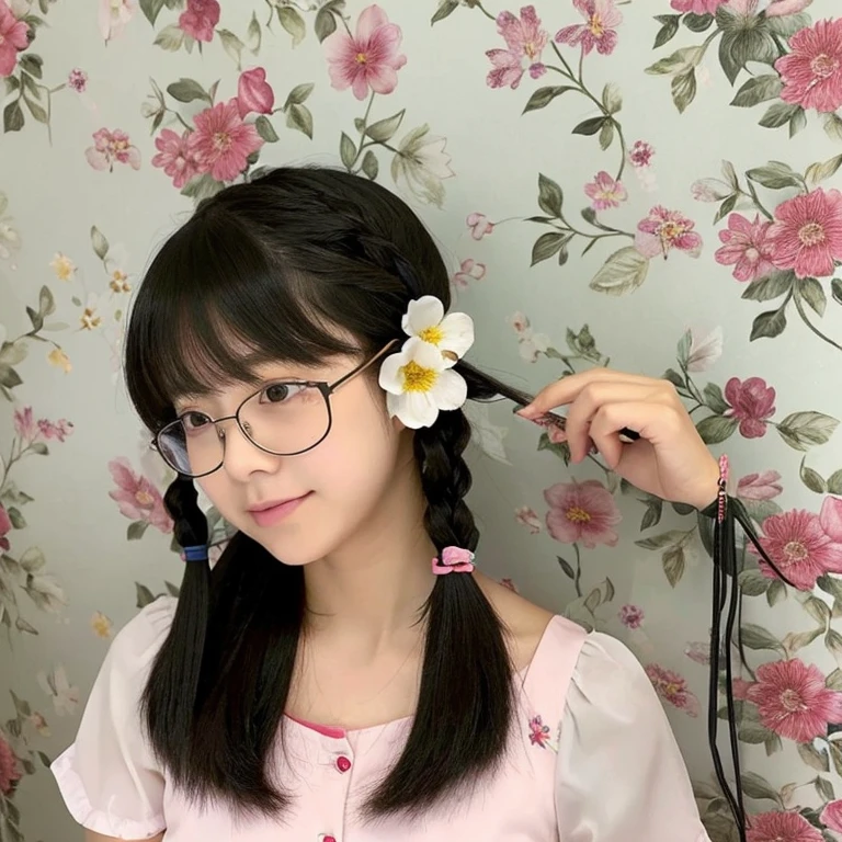 An ultra-high picture quality、Perfect Photo、18-year-old beautiful girl、Japan beautiful girl、hi-school girl、light skinned、slender、Black Haired Beautiful Girl、cute little、Beautuful Women、floral wallpaper、Cute room、(((Hair styling)))、((( Putting hair together)))、(cute and stylish clothes)、（tiny chest）、With bangs、(hate)、(Painful)、(half-opened mouth)、sports hair、Straight hair、glares、