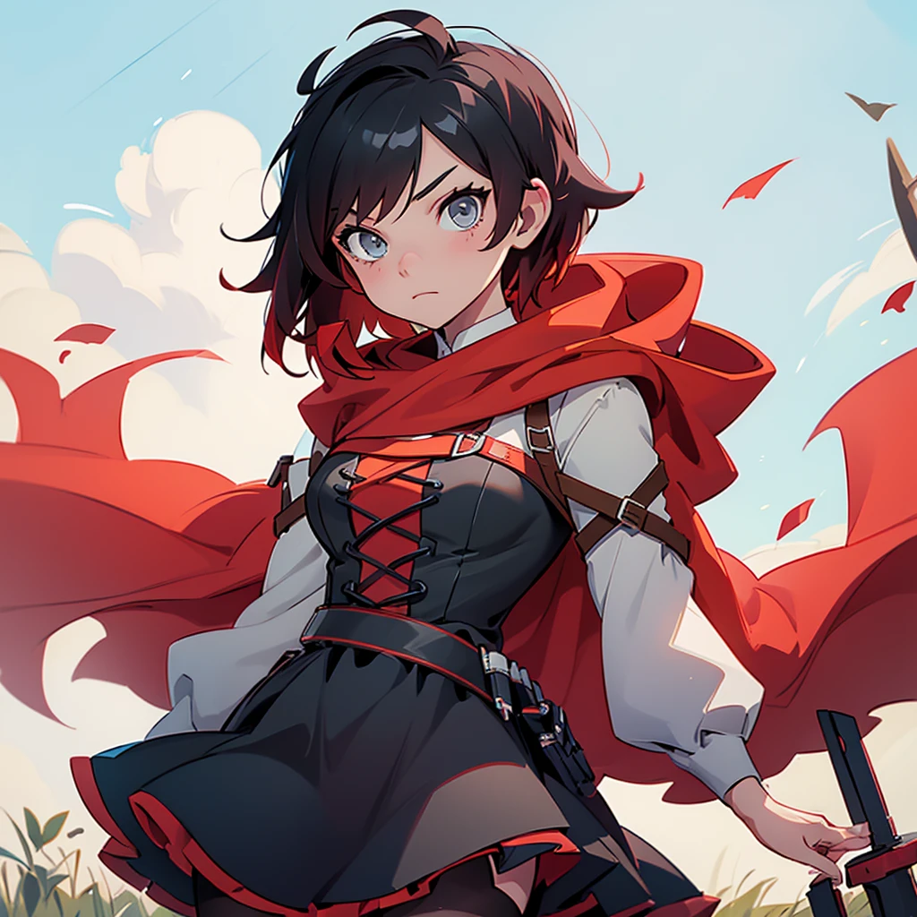 (masterpiece, best quality:1.2), cowboy shot, solo, 1girl, ruby rose, expressionless, looking at viewer, holding phone, headphones, hood up, black dress, long sleeves, red cape, pantyhose, country lane