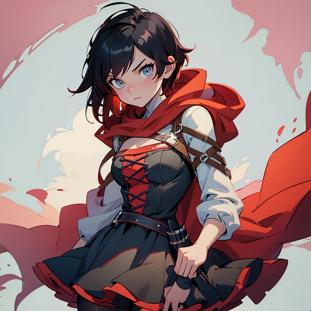 (masterpiece, best quality:1.2), cowboy shot, solo, 1girl, ruby rose, expressionless, looking at viewer, holding phone, headphones, hood up, black dress, long sleeves, red cape, pantyhose, country lane