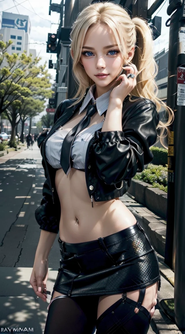 25-year-old Caucasian woman、platinum-blonde、blue eyess、Semi-long、Has twin tails、My hair is wavy、accessories on the wrist、wearing a choker、a smile、I can see the belly button、My abs are cracked、a smile、slim muscular body、I don't want my head to disappear from the screen.、I'm wearing a jacket、wearing a tie-front shirt、She's wearing a low-rise blooming skirt.、I'm wearing black fishnet tights、I'm wearing pin heels、on the street sidewalk、Waving both hands、a smile
