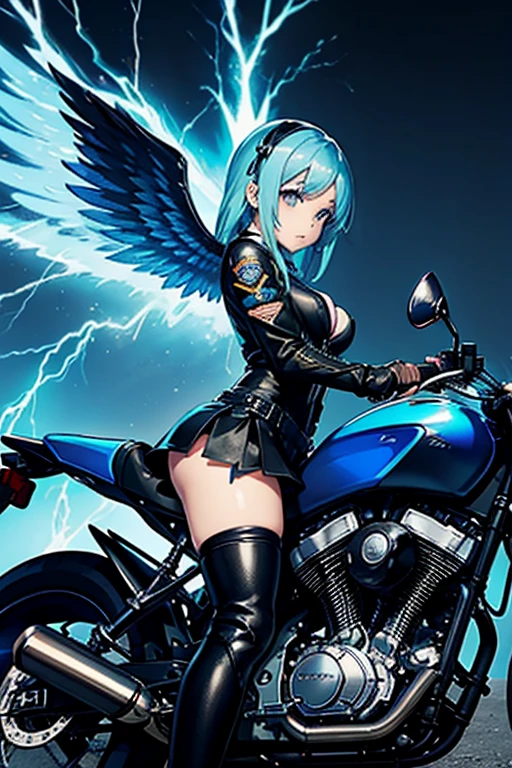 anime girl, blue lightning, fantasy, wings, pg, goth, motorcycle, pants