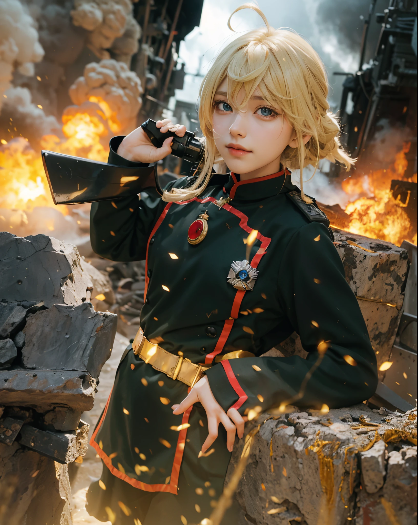 ((Tanya von Degurechaff Youjo Senki)),((realistic, photorealistic)),(highlight hair)), Light reflection, (( HD )), navel, detached sleeves,((upper body)), (((best quality, masterpiece))),Dressed as a war soldier, with a war hat on his head, yellow hair, sitting in the position of the main character,World war destruction background,Particles fire,Smoke,Britt Baker portrait photo beautiful woman hair updo upsweep nightclub sitting on luxury bench Black (masterpiece) (best quality) (detail) (8k) (HDR) (wallpaper) (cinematic lighting) (sharp focuasterpiece, best quality: 1.1), 1girl solo, tanya, 1girl, solo, petite, flat chest, small breasts, curvy, military, military uniform, military salute, general hat, cute smile,red eyes, background World War ,Holding a weapon,Stone shield