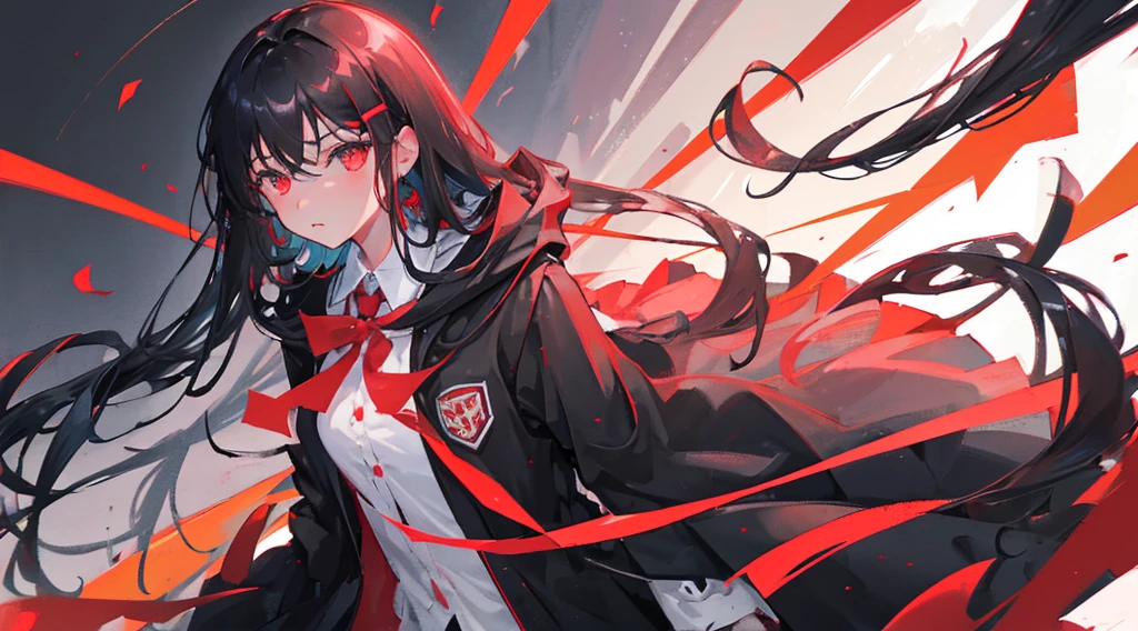 1 girl, black hair, long hair, red eyes, black school uniform, fleeting expression, slender, dark school