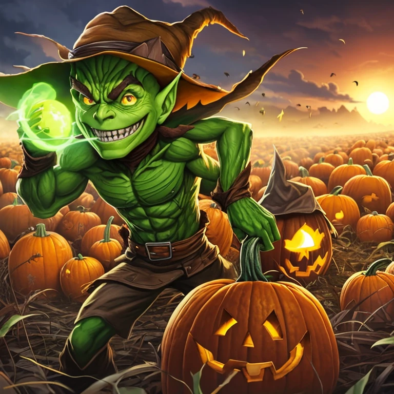 Green goblin, with brown hat, in pumpkin patch, pumpkins are evil, foggy and dark atmosphere