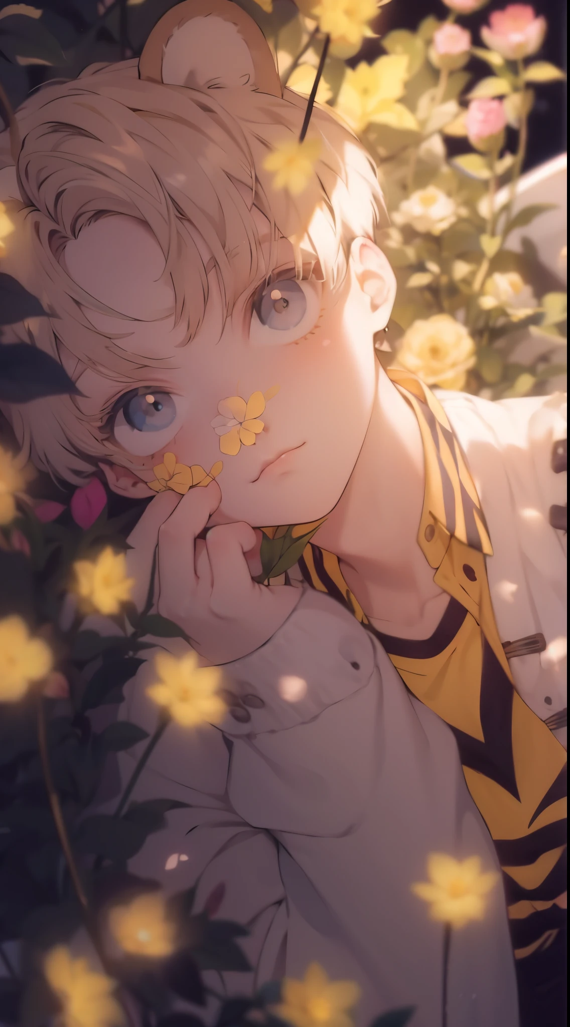 Beautiful Youth、a blond、short-haired、Tiger ears、Yellow clothes、White shirt、Lying in the flower garden、Gray eyes、Slender eyes、