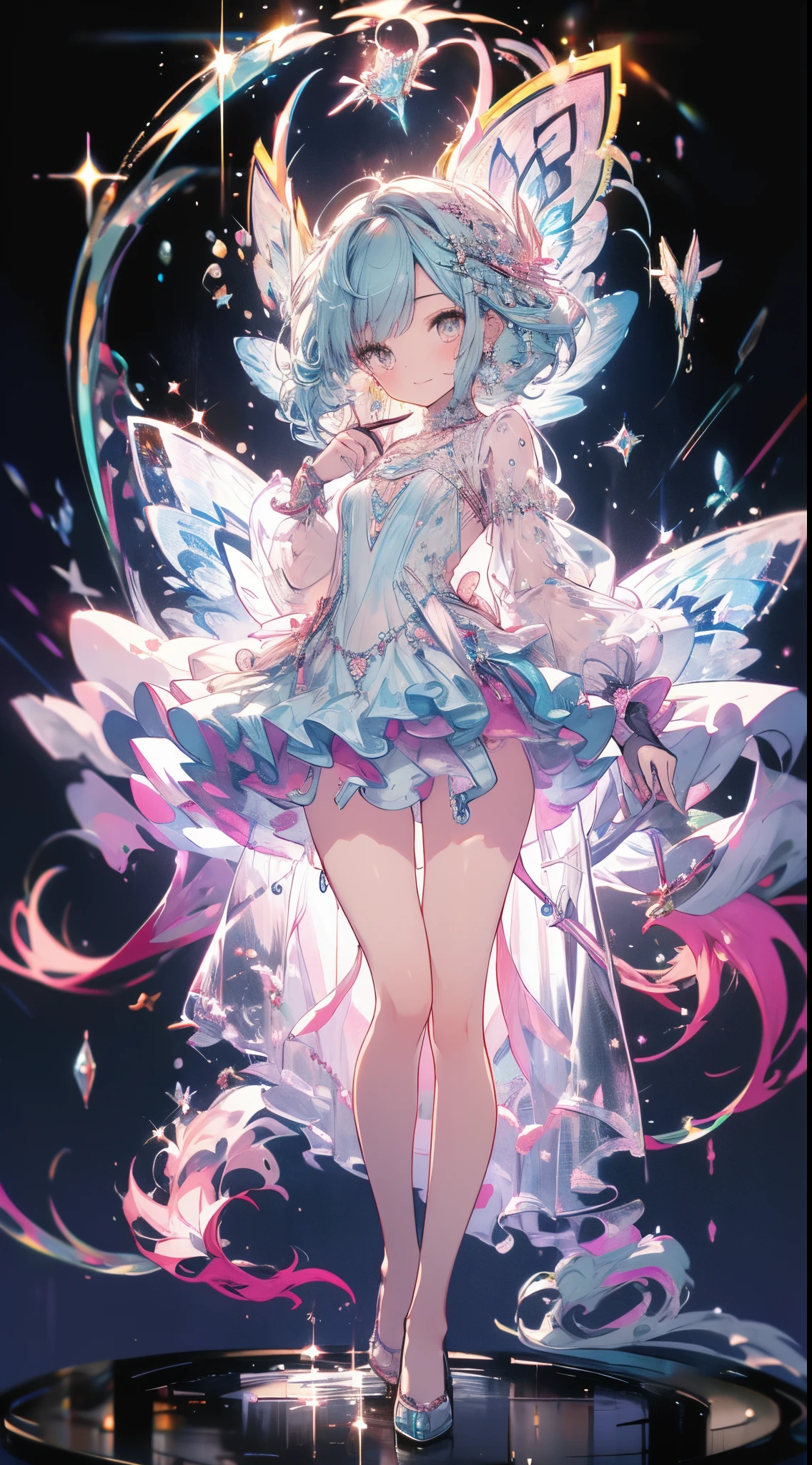 Standing picture、full body Esbian、​masterpiece、Top image quality、top-quality、One girl、Pointing a finger、cute little、Pedras preciosas、Jewelry Dresses、Transparent dress、see-through sleeves、Pedras preciosas、Pedras preciosas、Jewel Dress、Opal colored hair、yellow  eyes