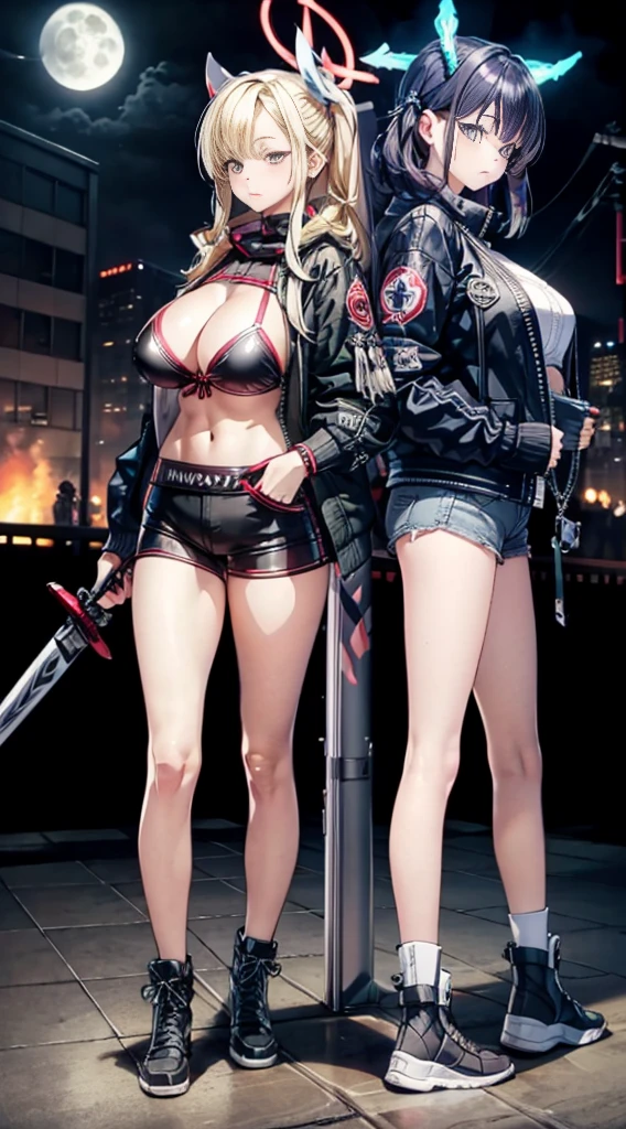 masutepiece,in 8K,High quality,Fine detail,super precision,twinsies(Stand back to back),Big sword,large boob,bomber jacket,Short pants,vila(cyberpunked),dazzling neon light,mechanical full moon,