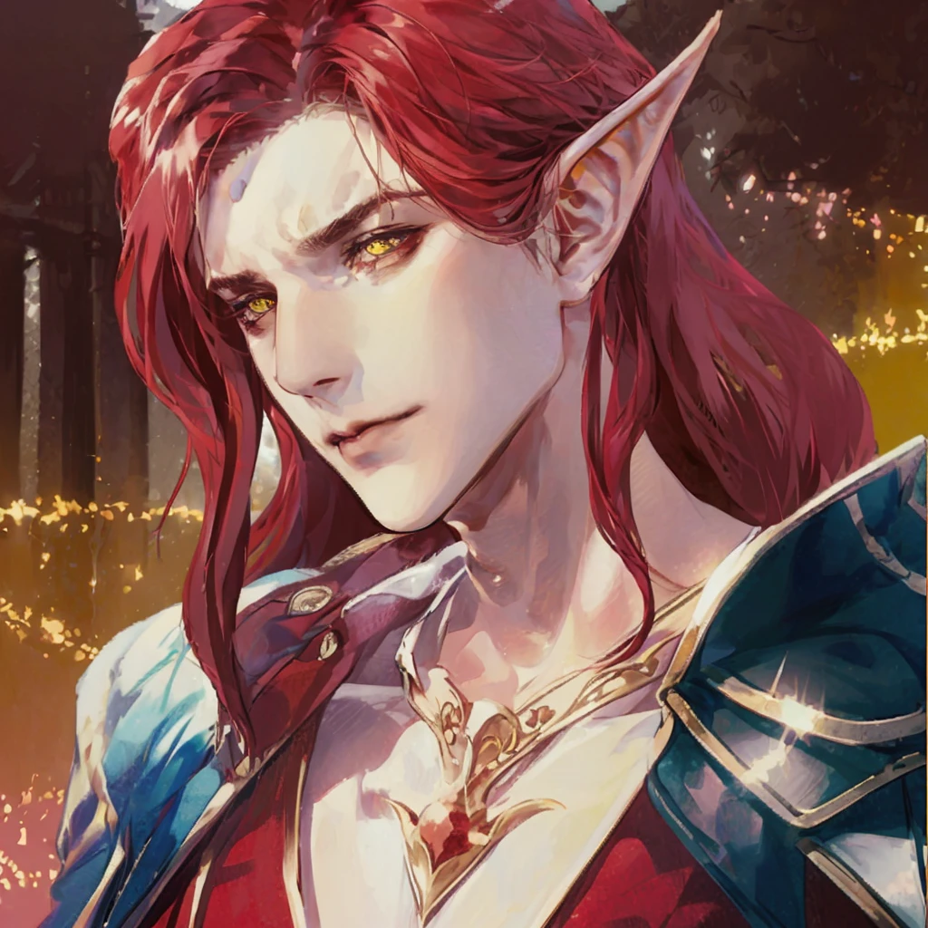 a close up of a man with red hair and a red dress, a portrait of a male elf, beautiful male elf, a male elf, elven male, portrait of a young elf wizard, elven character with smirk, portrait of an elven warrior, a portrait of an elf, casimir art, fantasy male portrait, faeornran