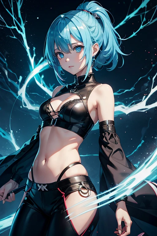 anime girl, blue lightning, fantasy, wings, pg, goth, pants