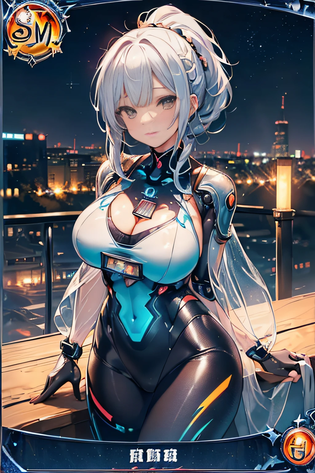 (Trading Card Game Frames:1.7),Cute round face,Cute smile,large full breasts,Dark fantasy world view,Cyber City at Night,(Gorgeous night view illumination:1.3),(a girl standing at the rooftop of a building:1.3).(Sexy super shiny orange transparent holographic mechanical cyberpunk suit:1.3) ,(Mechanical suit that shines with colorful lightning:1.3),Sexy face, a necklace,piercings, Happy smile.Sexy Pose, (Silver hair、Ponytail twisted buns adorned with elaborate braids and beads,Braided Setup Fishbone Hair,),(Bangs are see-through bangs),(hair pin、poneyTail、Floating hair、),breast slip,(Emphasis on large breasts:1.Professional Lighting,Cinematic Light,(masutepiece,top-quality,Ultra-high resolution output image,) ,(The 8k quality,),(Sea Art 2 Mode:1.3),,(Image Mode Ultra HD,)
