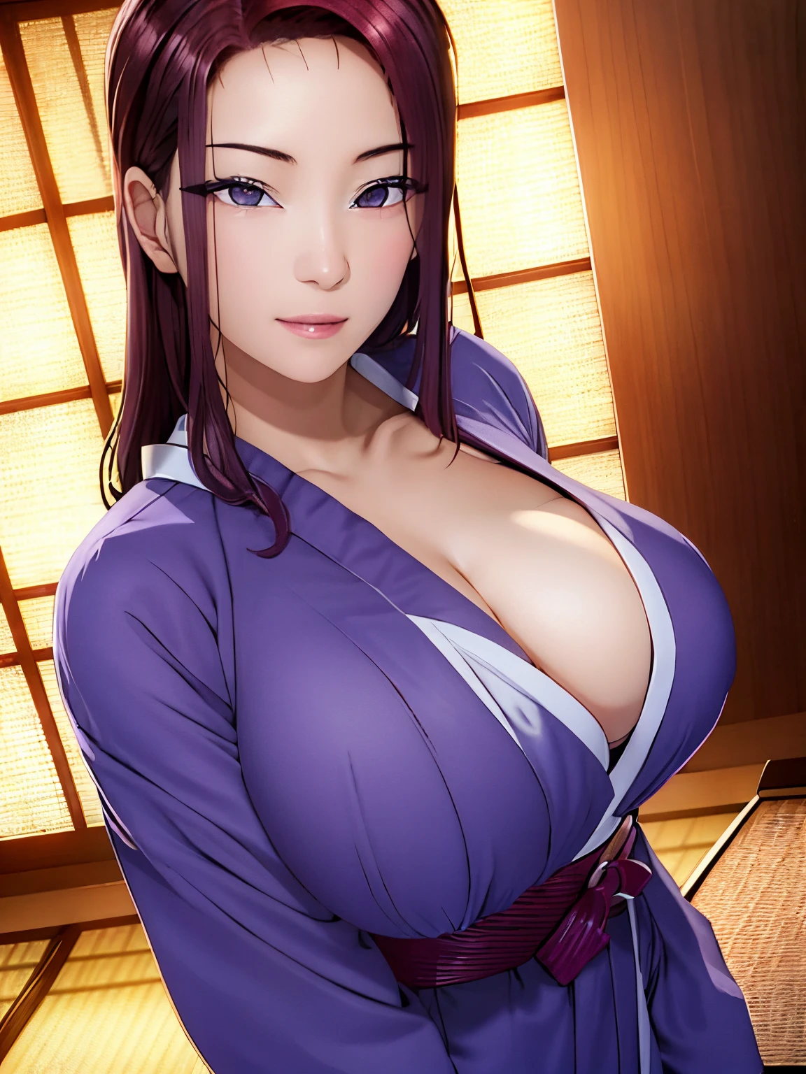 High resolution, Highest Quality, Illustration, super detailed, (Detailed face), (Detailed eyes), Cinematic lighting, Best Quality, super detailed, masutepiece, fine lines, 1girl in, Solo, Red hair, Purple eyes,, Bright eyes, Large breasts, Clear, (Colorful), Upper body, scissors in hand, Indoor, Well-behaved girl, Imperial Japanese uniform