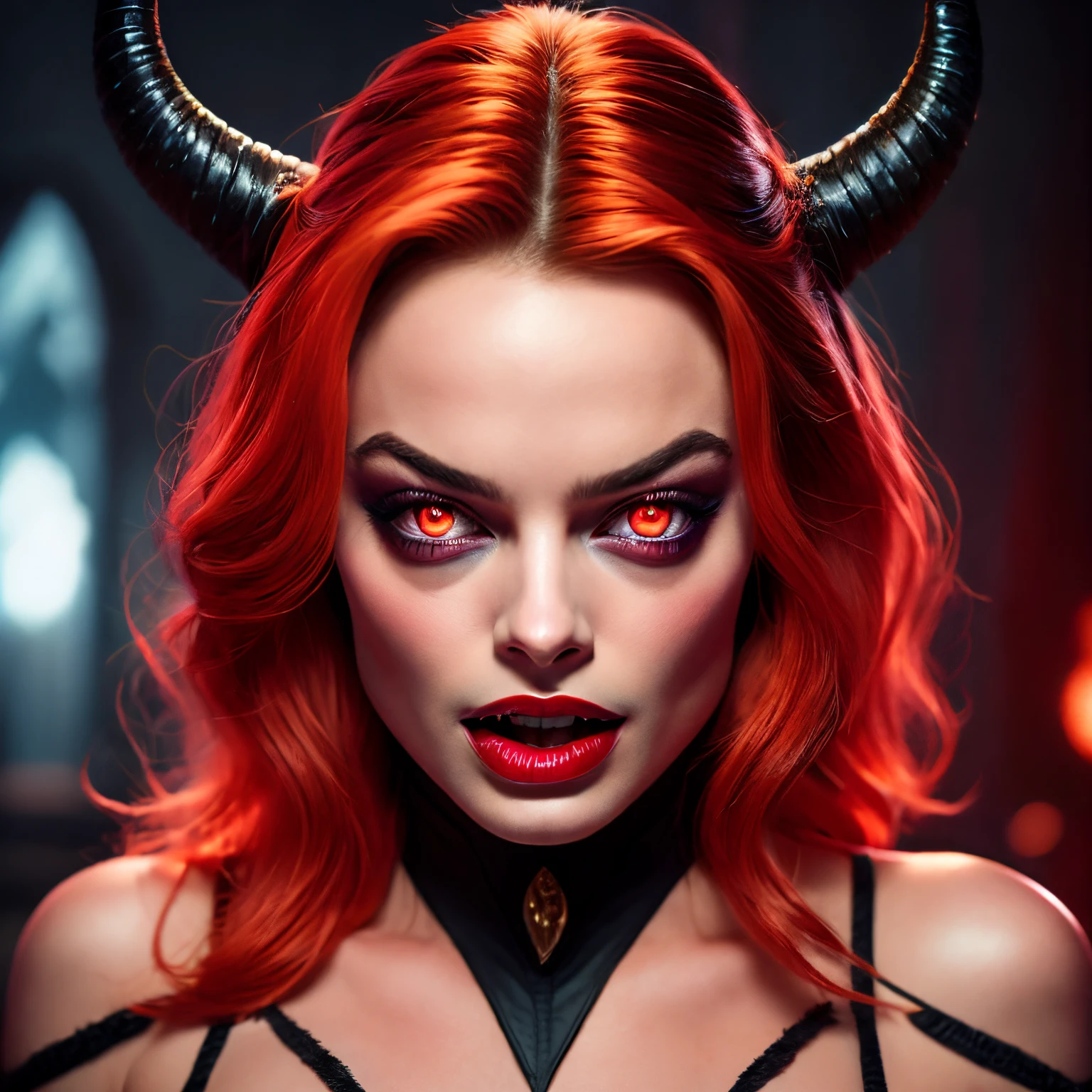 Margot robbie face, close up, succubus face, demon, horns, fangs, evil look, seductive, alluring, lipstick, red glowing eyes, red hair, tongue, 8k, detailed, masterpiece, photorealistic, realism, fantasy, beautiful, hypnotic background, hypnosis