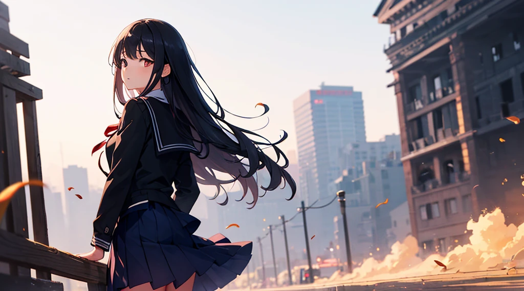 1 girl, black hair, long hair, red eyes, black school uniform, fleeting expression, slender, dark school