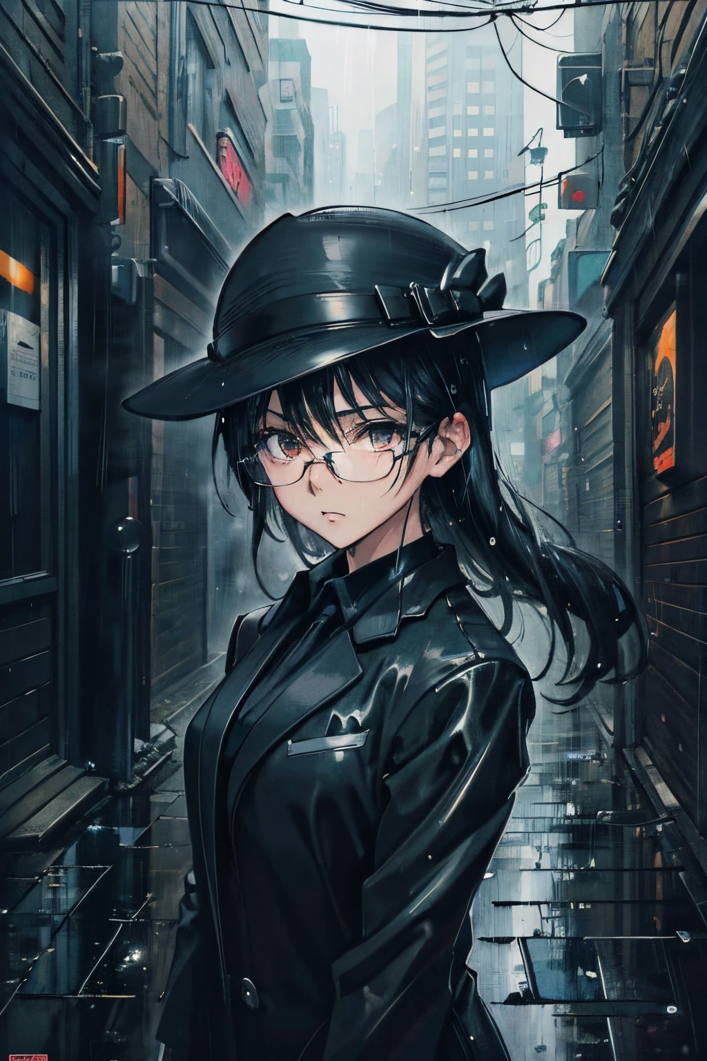 Anime Girl, Black Hair, Black Eyes, Black Glasses, Black Fedora Hat, Black Suit, Black Pants, Black Shoes, Midnight Alleyway Background, Rainy, Wet, Espionage, Tense, Super Close-up Portrait, Dark, Gloomy