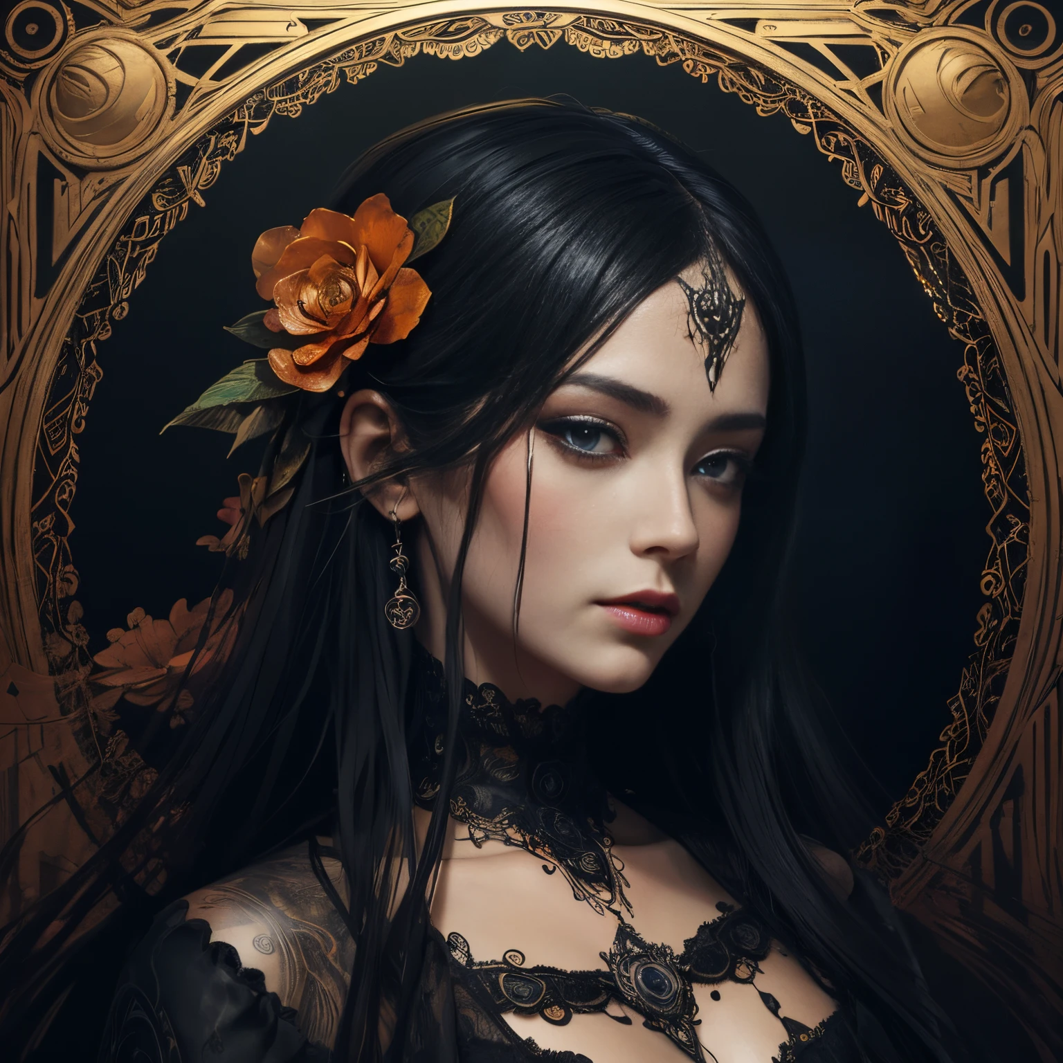 Santa Muerte, best quality, digital painting, extremely smooth, fluid, 3d fractals, light particles, dreamy, smooth, shimmering, dreamy glow, conceptual art by alberto seveso, anna dittmann, arthur rackham, harmonious color scheme, 32k, Wet black and orange color inks line art dreamy female portrait with lot of lace filigrees on black canvas illustration described in the perfect fractal style of Vassily Kandinsky, Jackson Pollock, Alphonse Mucha and Jeremy Mann, HQ, 4K Modifiers: 4K 3D