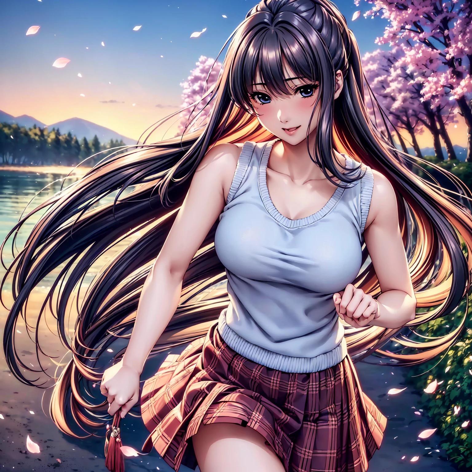 (top quality picture、masterpiece level、very high res、超A high resolution,High-quality detail)、(An 18-year-old beautiful girl with perfect and ultimate beauty.,beautiful breasts and body shape,Beautiful body,美丽的面容,Strong-willed eyes:1.5)、(has a wide variety of hairstyles,The bangs are neatly arranged,Straight long side hair,Beautiful hair:1.2),Realistic textures,beautiful colors,(Wear sleeveless knitwear,Diamond Necklace,Wear a plaid pleated skirt),has a bright smile,line of sight,Mouth opens,The wind is blowing(The wind blows and the skirt flaps 1.2),Hair flutters under the influence of the wind,Park at night,A path lined with flourishing cherry blossom trees,Cherry blossoms scattering,Beautiful Landscapes,(The whole body,thigh visible,accurate anatomy、extremely detailed picture、Accurate images、Perfect Image 1.5)、beautiful anime woman, Beautiful Art Style, an animated character、(The whole picture、Detailed picture、Defect-free images、natural soft light、beautiful image),(Best Shot 1.2)