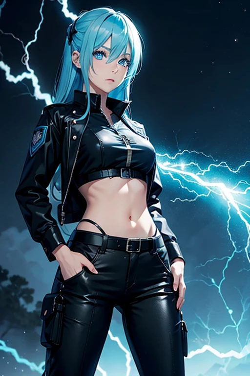 anime girl, blue lightning, fantasy, goth, pants, Law enforcement