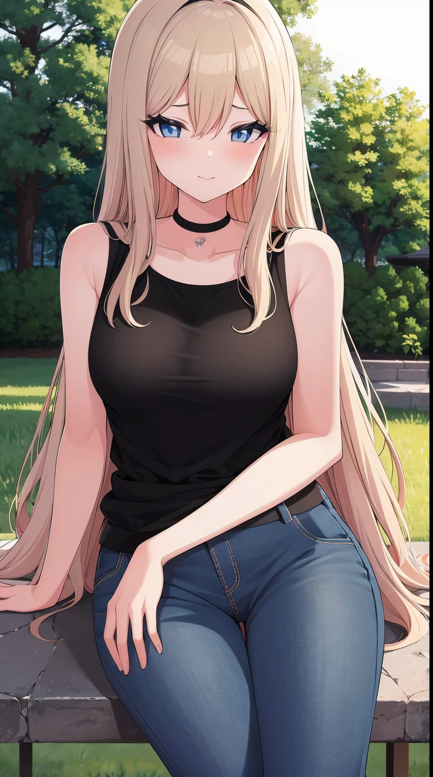 (best quality,4k,highres,masterpiece:1.2),ultra-detailed, outdoor scene with 1girl, blonde hair, long and wavy hair, grey eyes, and medium breasts. The girl  wearing a white jacket, a choker, a tank top and jeans. The scene  set in a beautiful garden with vibrant flowers and lush green grass. The sunlight casts a warm glow on the girl's face and illuminates her surroundings. The colors are vivid and the textures are rich, creating a visually stunning image, (seducing smile), looking at the viewer