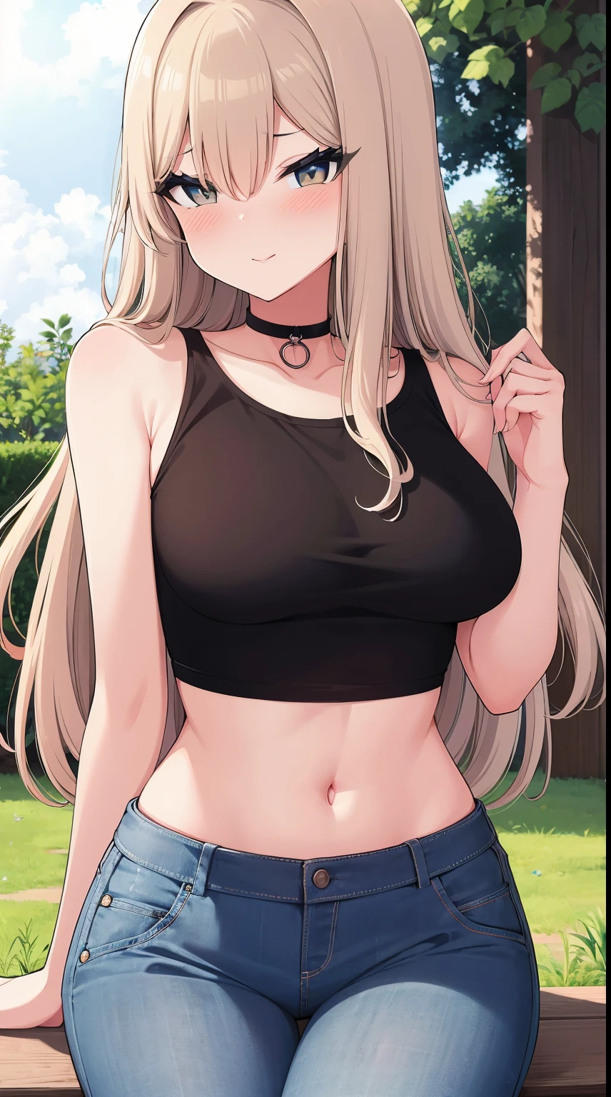 (best quality,4k,highres,masterpiece:1.2),ultra-detailed, outdoor scene with 1girl, blonde hair, long and wavy hair, grey eyes, and medium breasts. The girl  wearing a white jacket, a choker, a tank top and jeans. The scene  set in a beautiful garden with vibrant flowers and lush green grass. The sunlight casts a warm glow on the girl's face and illuminates her surroundings. The colors are vivid and the textures are rich, creating a visually stunning image, (seducing smile), looking at the viewer