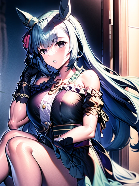 masterpiece, Best Quality,top-quality,{{{1 photo}}},{{{Mejiro Aldan/Umamusume}}},{{very long hair of light blue color}},Purple eyes,Nasty face,red blush,Open mouth,red lipsticks,{{{Normal}}},{{{Kimono with open chest}}},Black kimono,no-bra,{{{Luxury kimono in black color}}},{{{night photo}}},{{{lantern}}},open the legs widely,{{{Hide your hands behind your body}}},{{{Bold M-shaped legs}}},{{{laying on back}}},{{{Tatami Japanese-style room}}}},bare-legged,