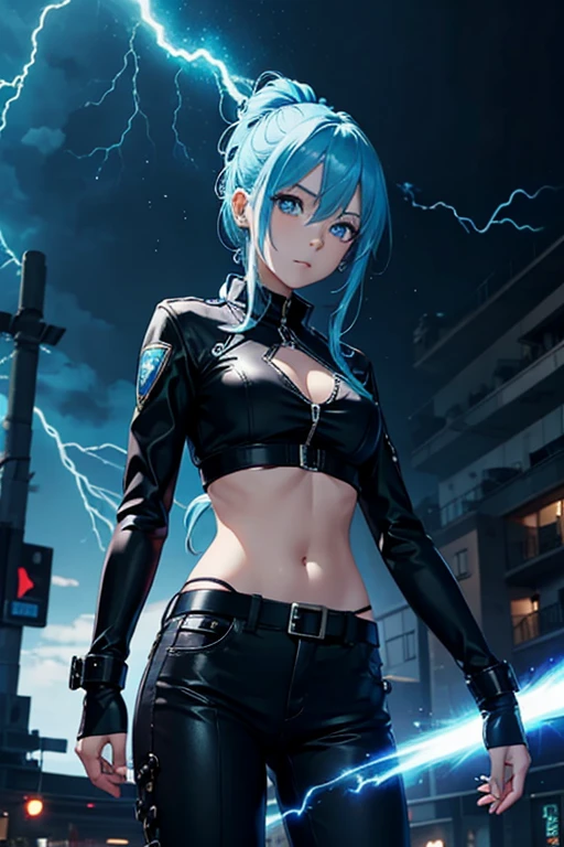 anime girl, blue lightning, fantasy, goth, pants, Law enforcement