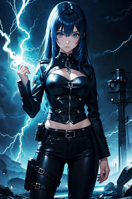 anime girl, blue lightning, fantasy, goth, pants, Law enforcement