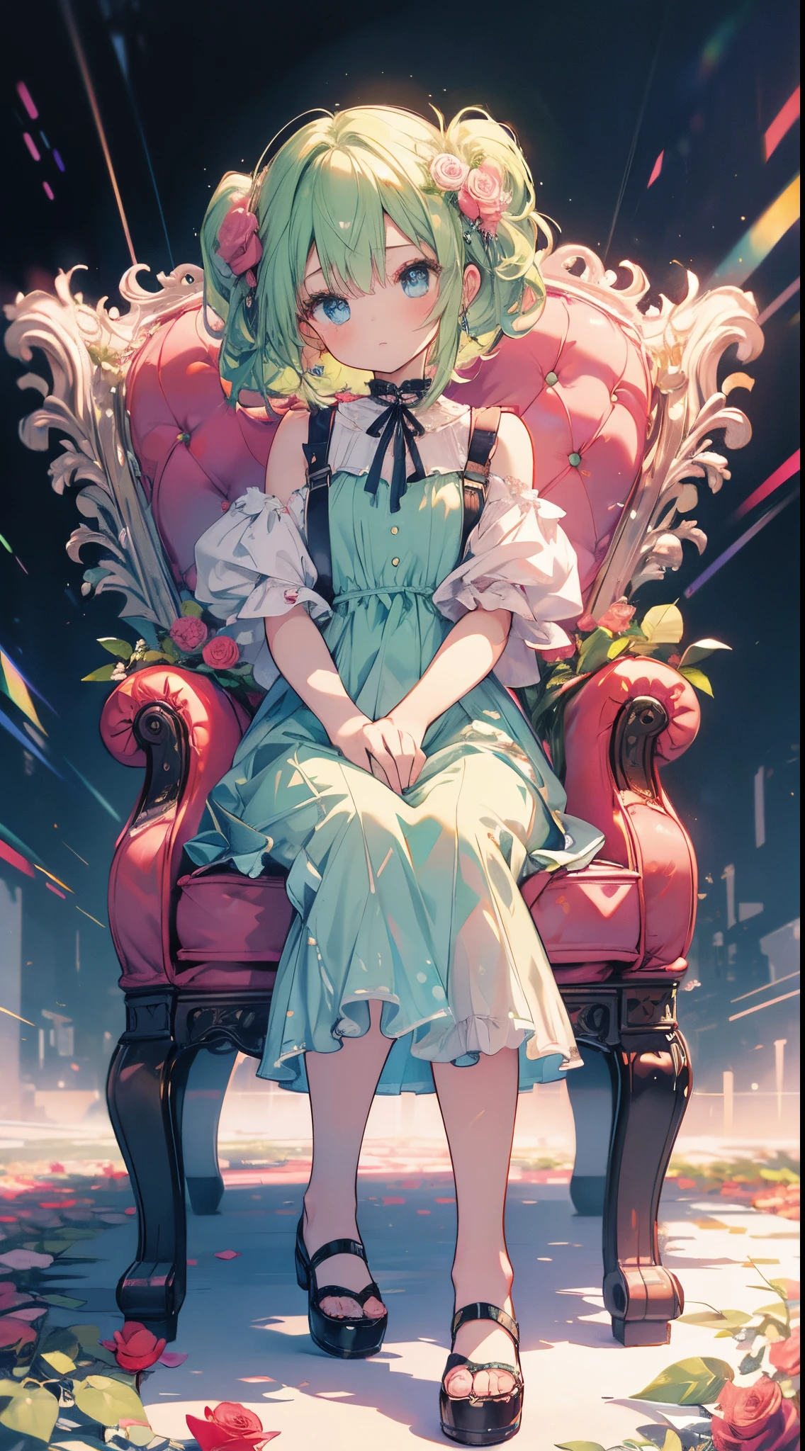 ((((Rosa))))、Seated painting、full body Esbian、cute little、masterpiece、top-quality、Top image quality、Green hair、long、blue eyess、Rosa、Rose background、pink back ground、((((((Rose Dress)))))、a very cute、