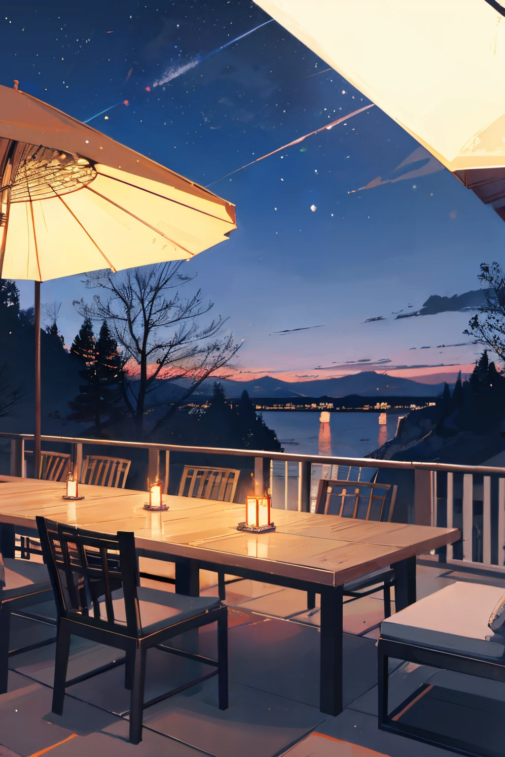 hermoso fondo de un restaurante, con paisaje de noche, velas, romantico, muy romantico, acogedor, japones, fondo de ventanales grandes, noche,
