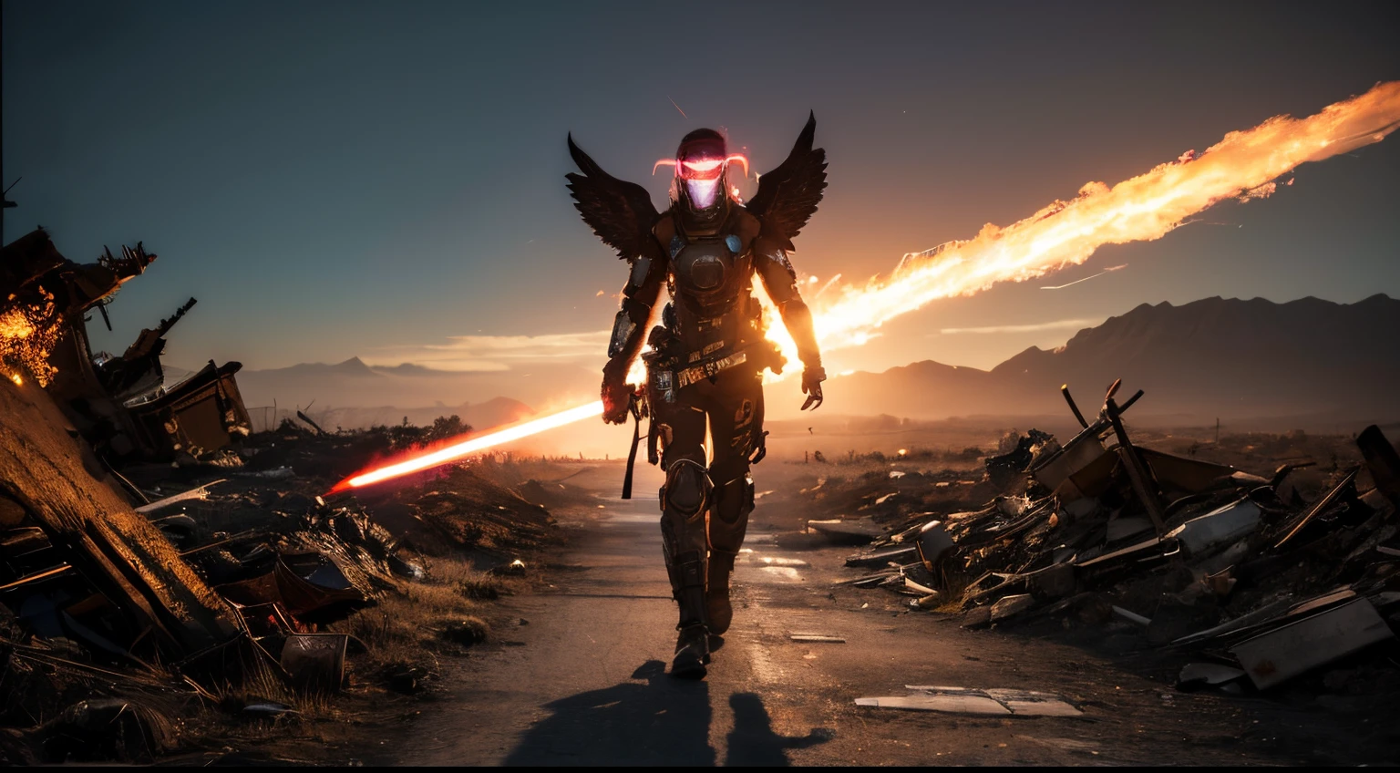 Cosmic cyberpunk fallen angel in neon mecha armor, inferno, funken, flamme, Flammenschwert, leuchtende Lichtaugen, Biomechanisch, unheimlich, gruselig, albtraumhaft, Sehr knallige Neonfarben, Lichtteilchen, cyberpunk, mit leuchtendem Licht, , Rauchpilz, Gewinner des besten Fotos des Jahres, Die Welt in Flammen, Post-apocalyptic hellscape military photography, Foto-Epos des Jahres, Feuer am Horizont, Epische Filmaufnahme, Reinform, Komplizierte Details, 8K-Postproduktion, high resolution, Super detailliert, Auf ArtStation im Trend, Scharfer Fokus, Studio-Fotos, Komplizierte Details, sehr detailliert, von Greg Rutkowski, Mshiff, wallpaper art, UHD-Hintergrundbild, tilted head