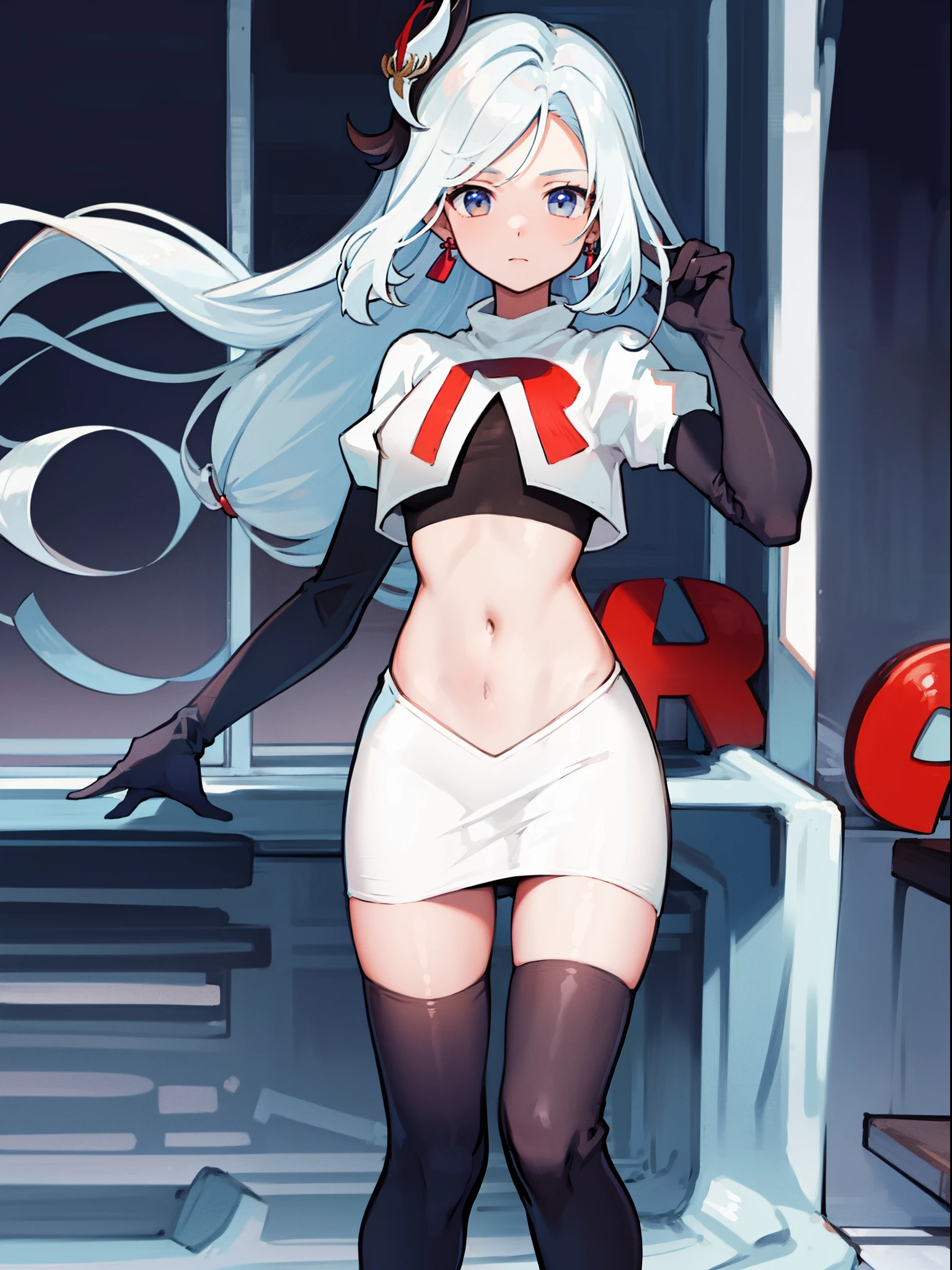 masterpiece, best quality, shenhe \(genshin impact\), long hair, 1girl, solo, earrings, hair ornament, team rocket,team rocket uniform, red letter R, white skirt,white crop top,black thigh-highs,black elbow gloves