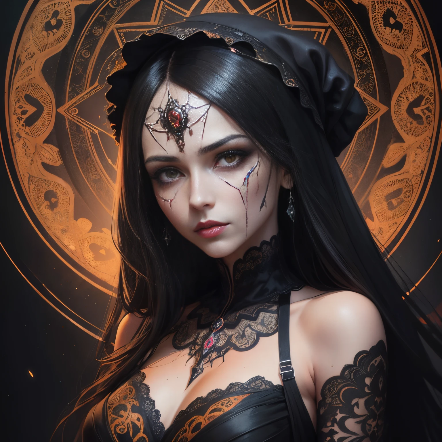 Santa Muerte, best quality, pintura digital, extremamente suave, fluido, Fractais 3D, light particles, sonhador, liso, Cintilante, brilho sonhador, Arte conceitual de Alberto Seveso, Anna Dittmann, Arthur Rackham, esquema de cores harmonioso, 32k, Wet black and orange color paints line art dreamy female portrait with many lace filigrees on black canvas illustration depicted in the perfect fractal style of Vassily Kandinsky, Jackson Pollock, Alphonse Mucha e Jeremy Mann, QG, Modificadores 4K: 4K 3D