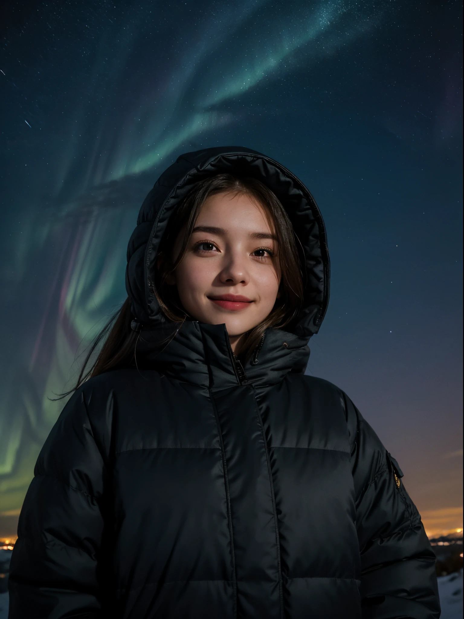 1 European girl, 25 years old, wearing winter outdoor clothes, aurora, ((look at the sky: 1.3)), traveler, explorer, outdoor, ecstatic, little smile, in the dark, night, dark scene, low key